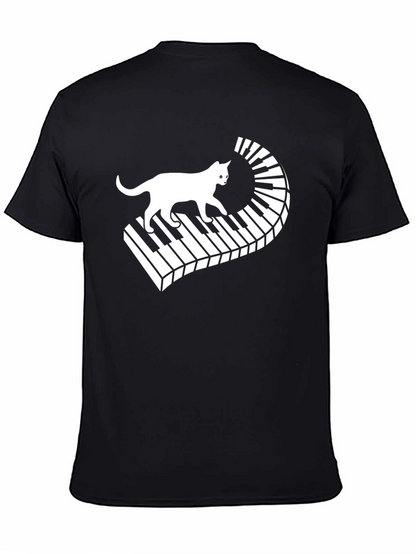 Camiseta Negra con Diseño de Gato y Piano