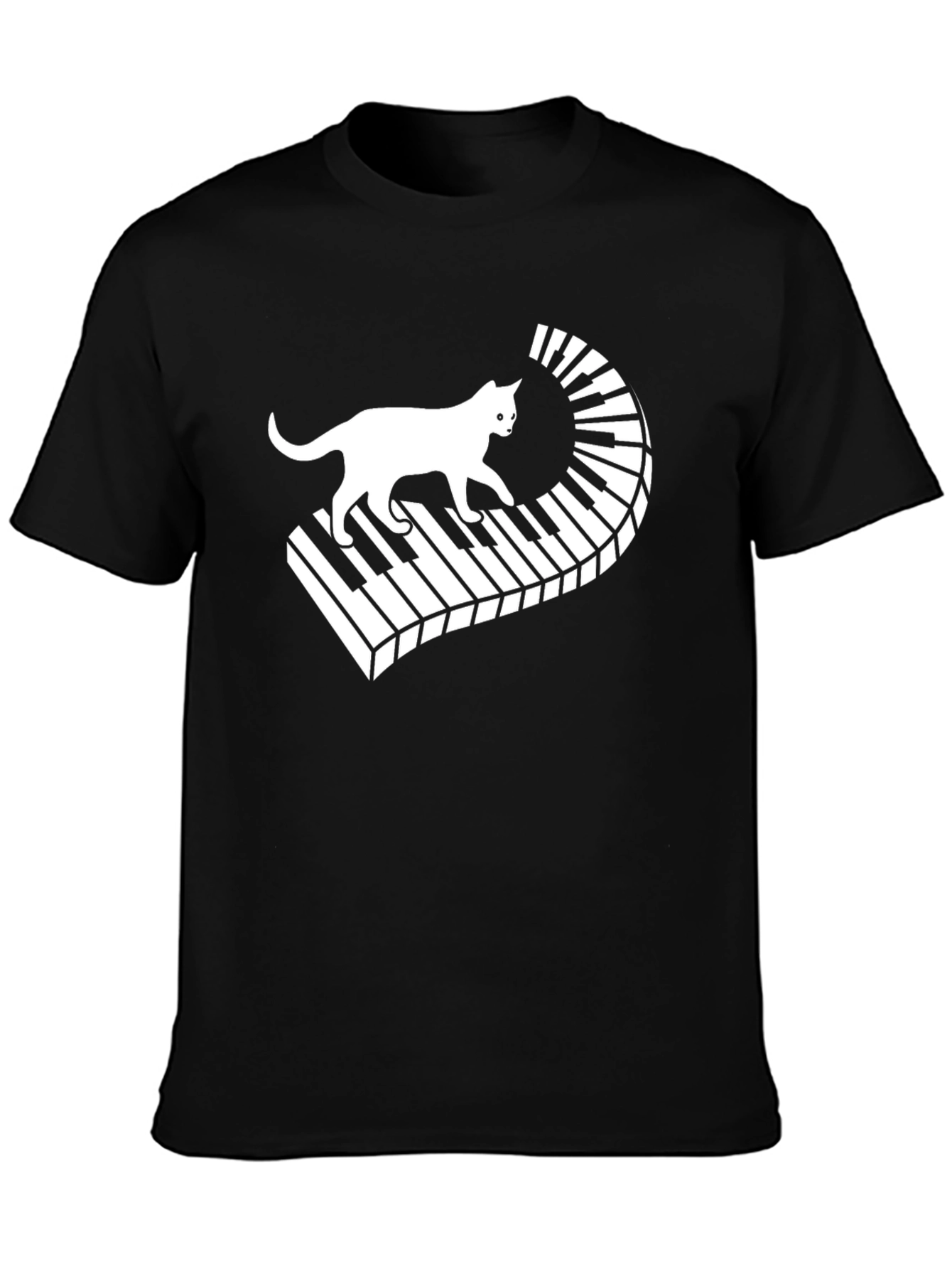 Camiseta Negra con Diseño de Gato y Piano
