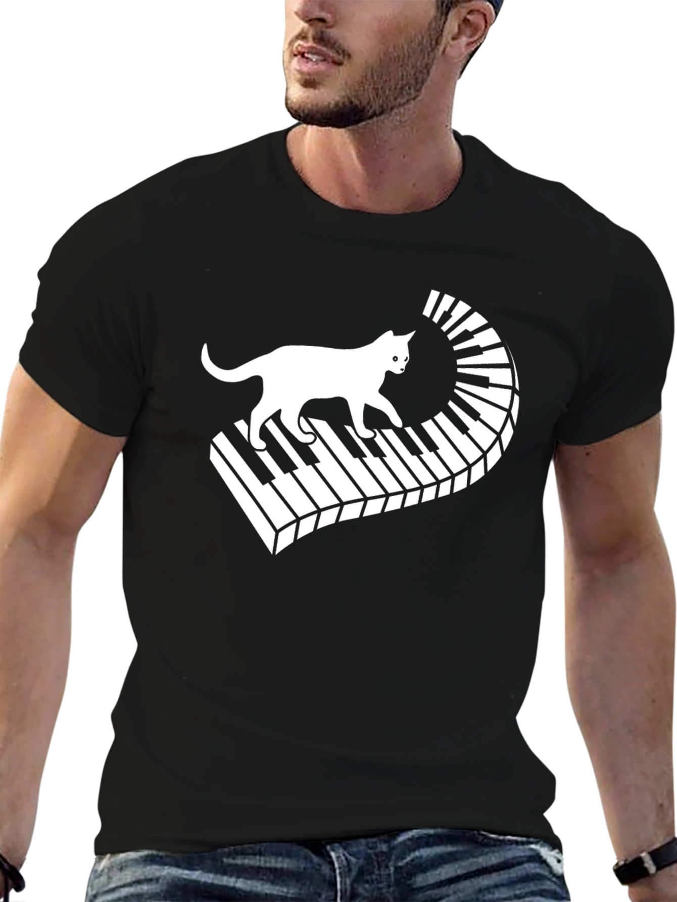 Camiseta Negra con Diseño de Gato y Piano