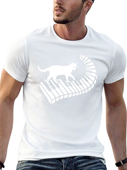 Camiseta Negra con Diseño de Gato y Piano