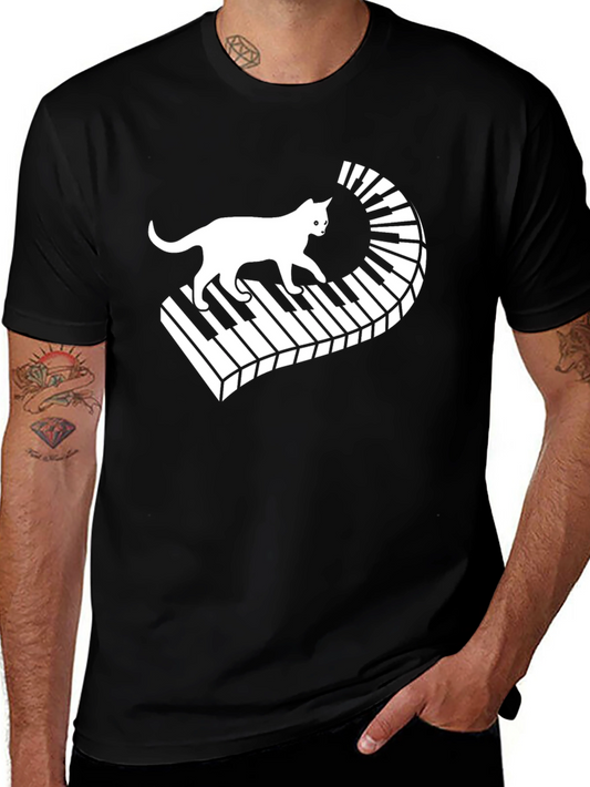 Camiseta Negra con Diseño de Gato y Piano