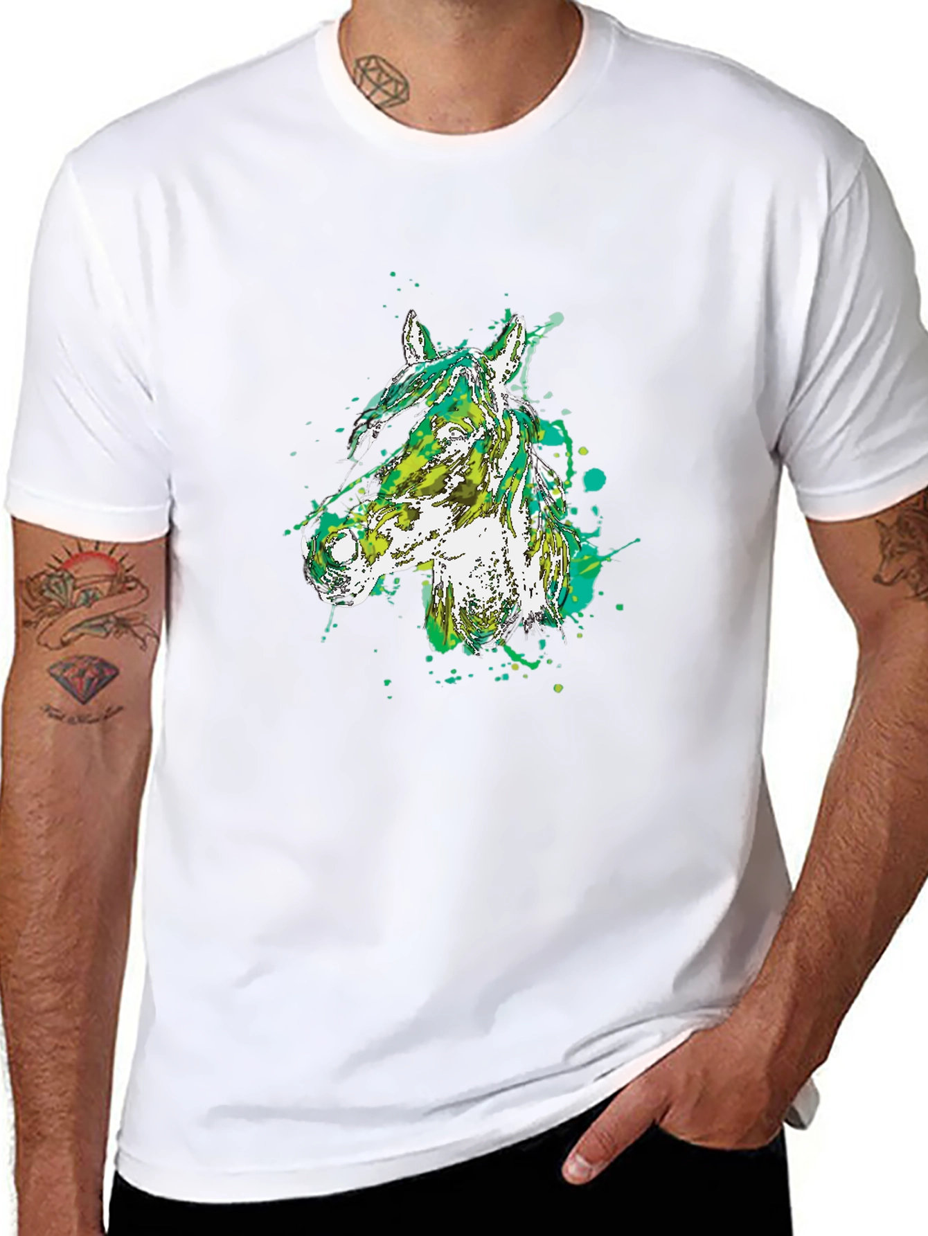 Camiseta Negra con Diseño Abstracto de Cabeza de Caballo