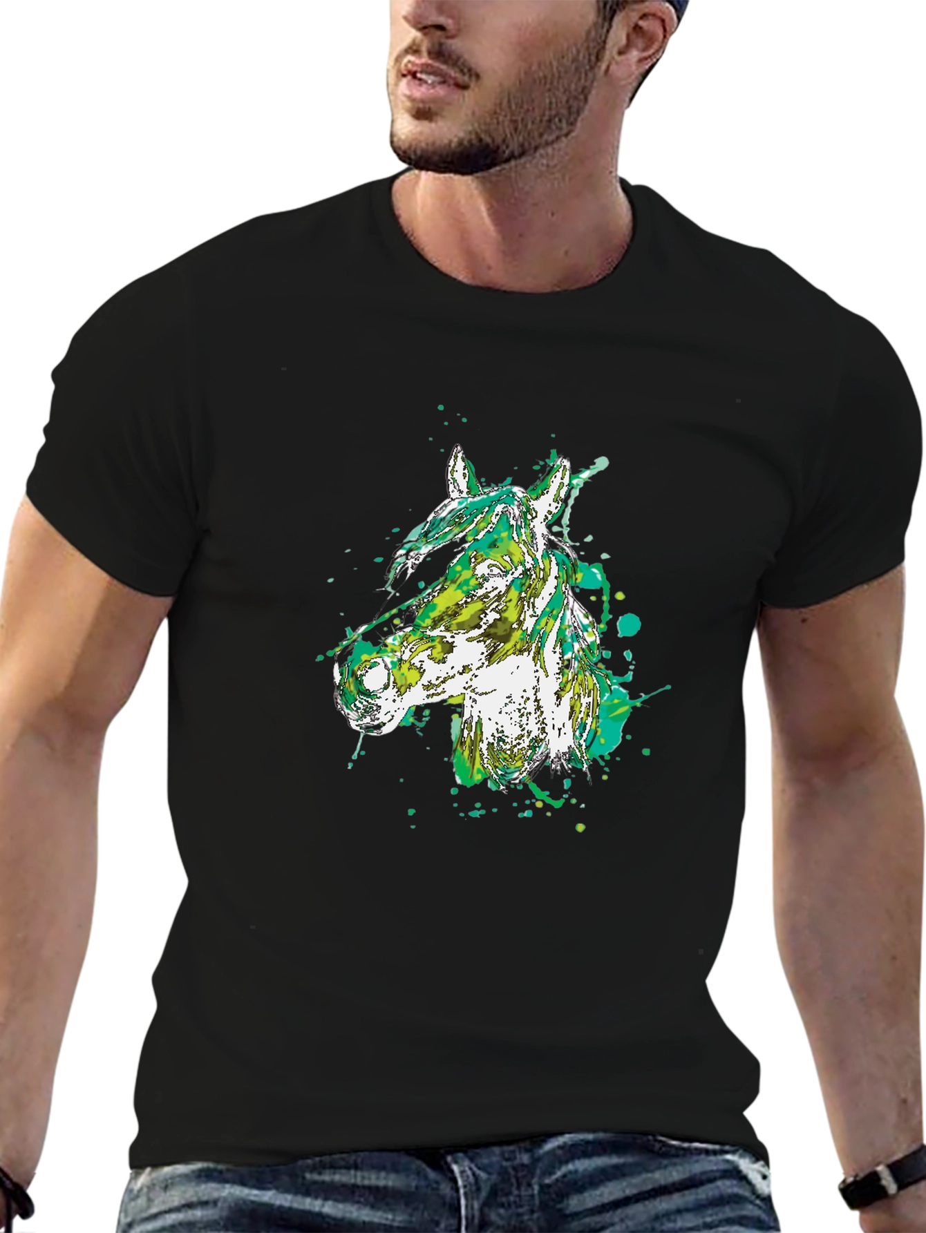Camiseta Negra con Diseño Abstracto de Cabeza de Caballo