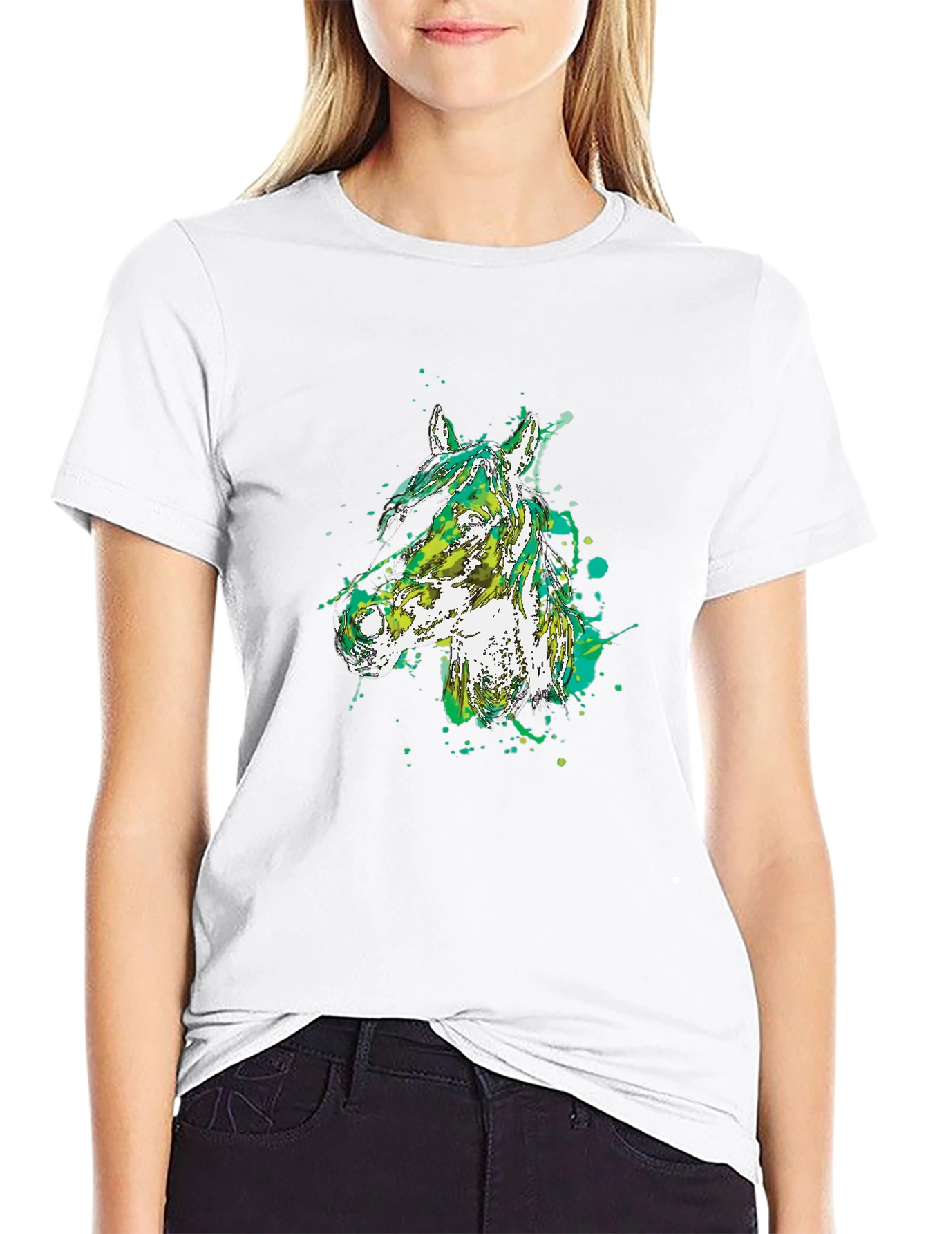 Camiseta Negra con Diseño Abstracto de Cabeza de Caballo