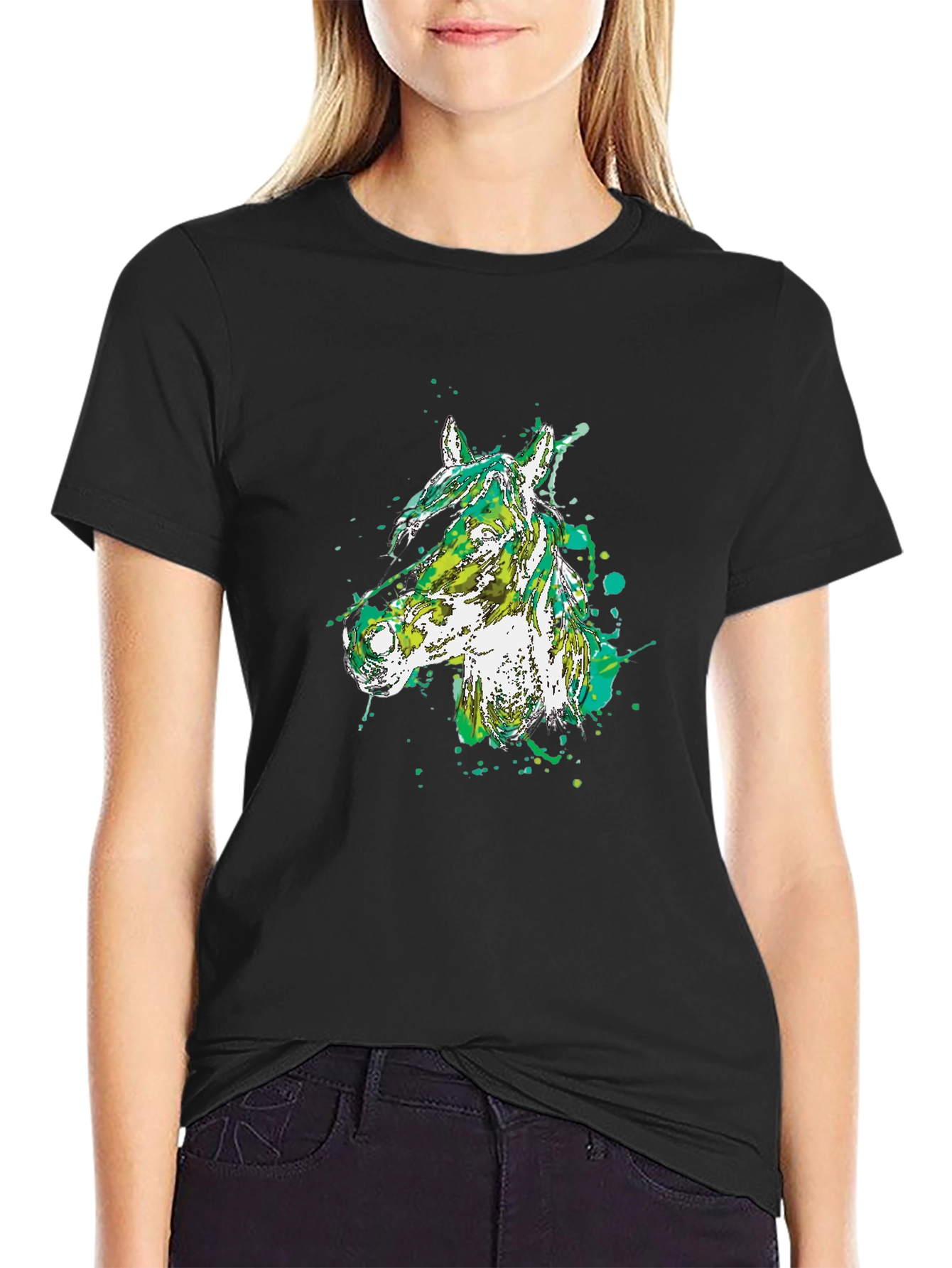 Camiseta Negra con Diseño Abstracto de Cabeza de Caballo