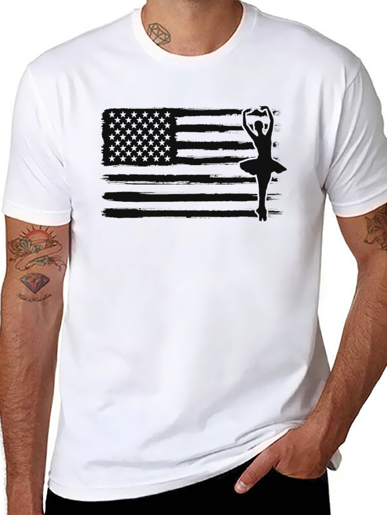 Camiseta Negra Hombre Diseño Bandera EE. UU. Discreta