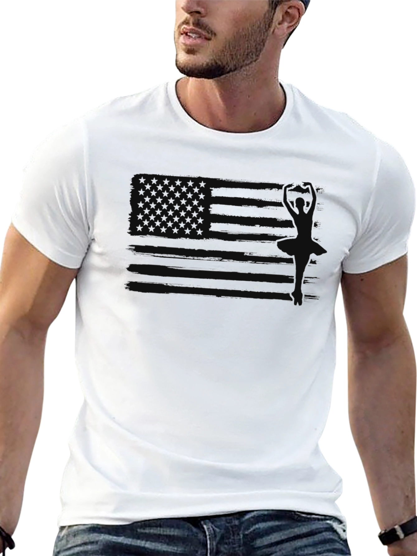 Camiseta Negra Hombre Diseño Bandera EE. UU. Discreta
