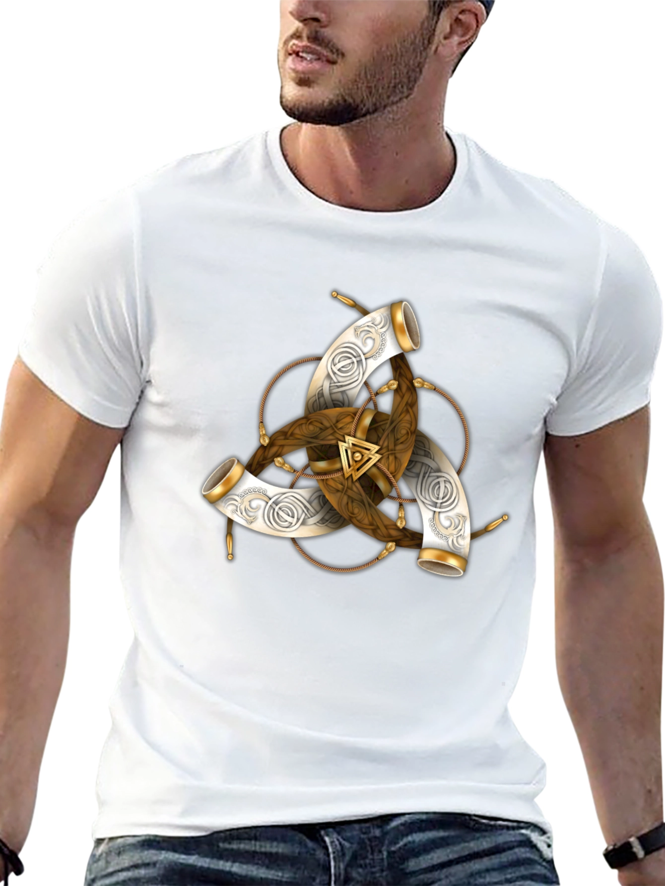 Camiseta Negra con Diseño Vikingo Cuerno de Odin