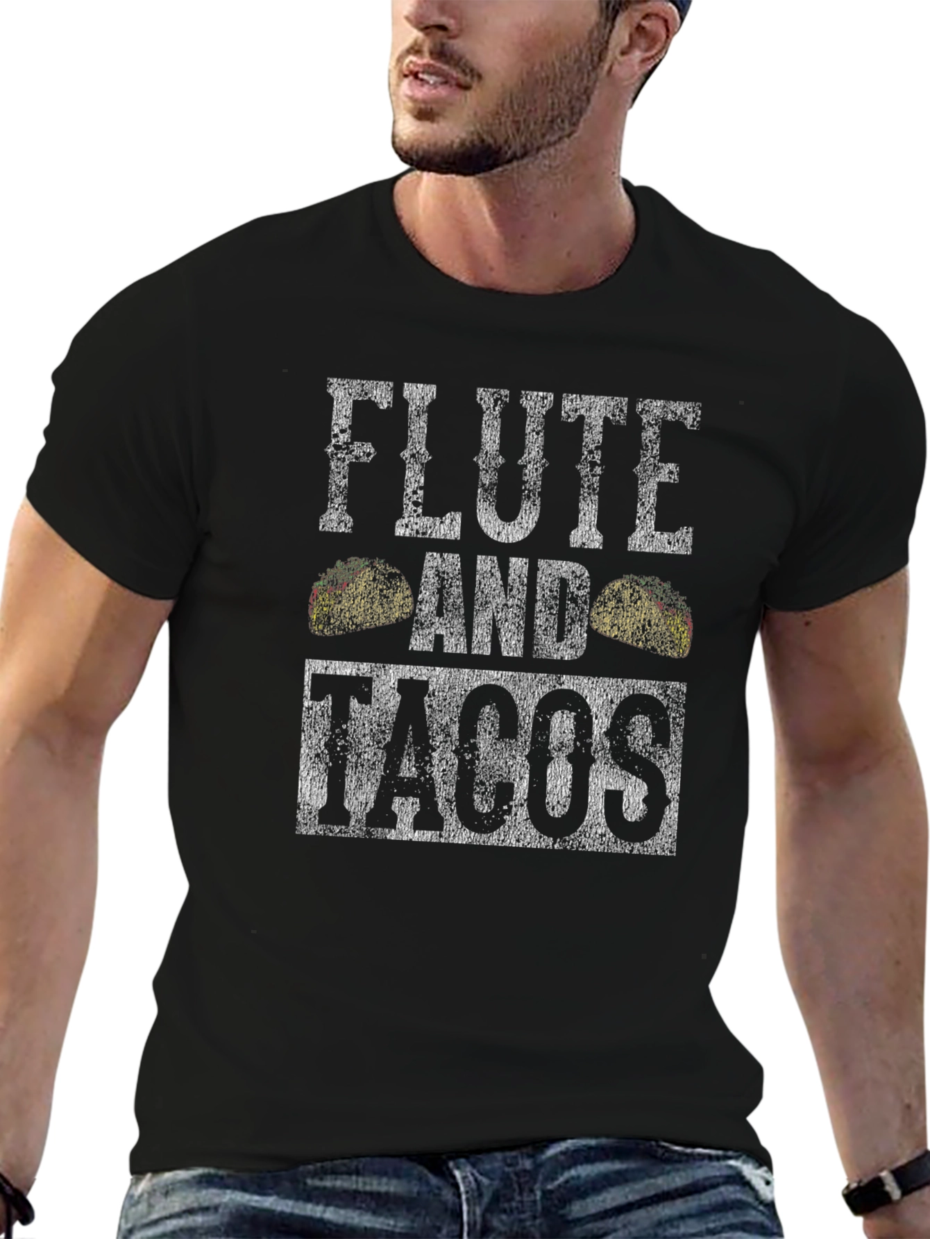 Camiseta Negra: Flauta y Tacos - Diseño Divertido