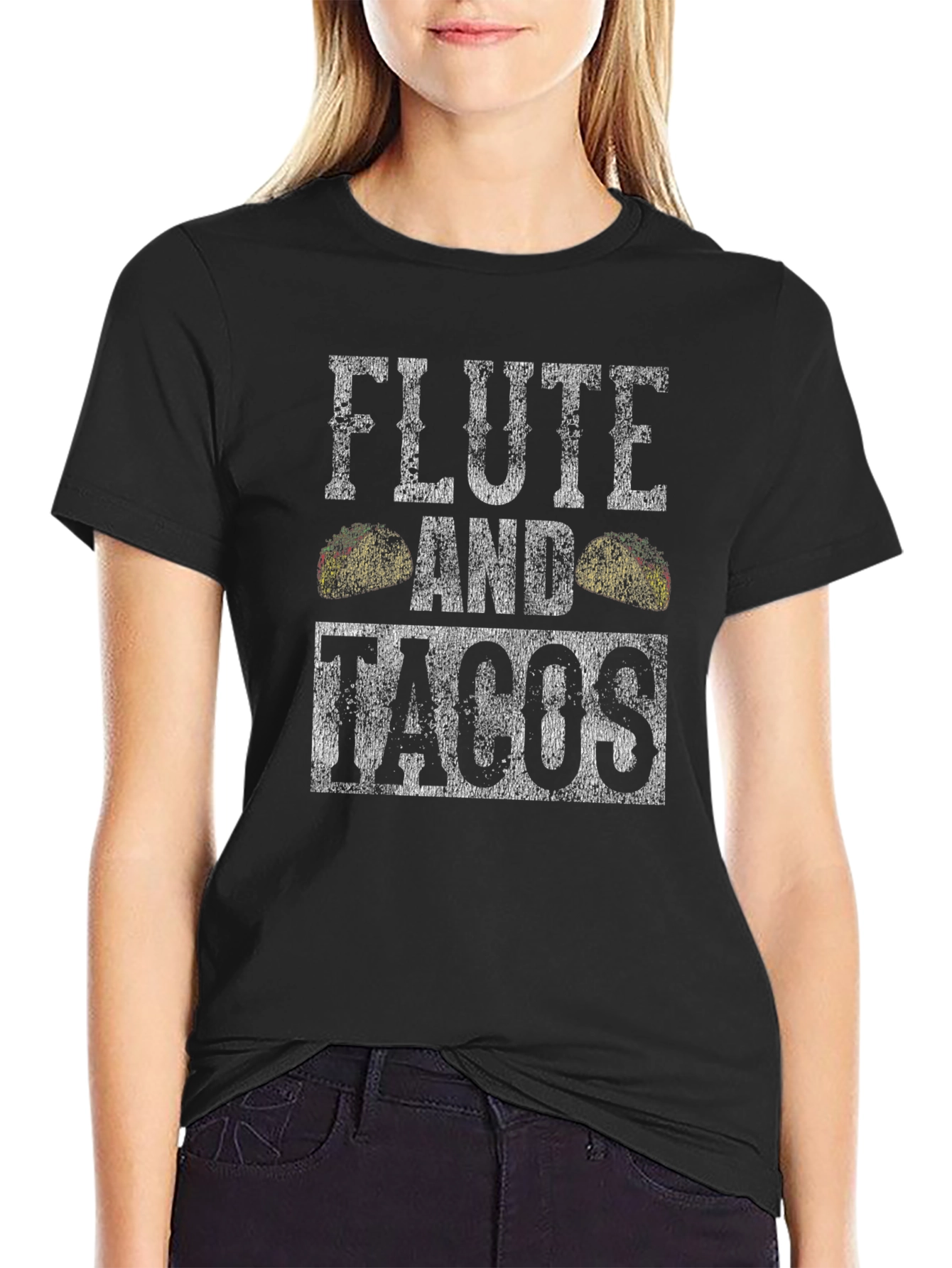 Camiseta Negra: Flauta y Tacos - Diseño Divertido
