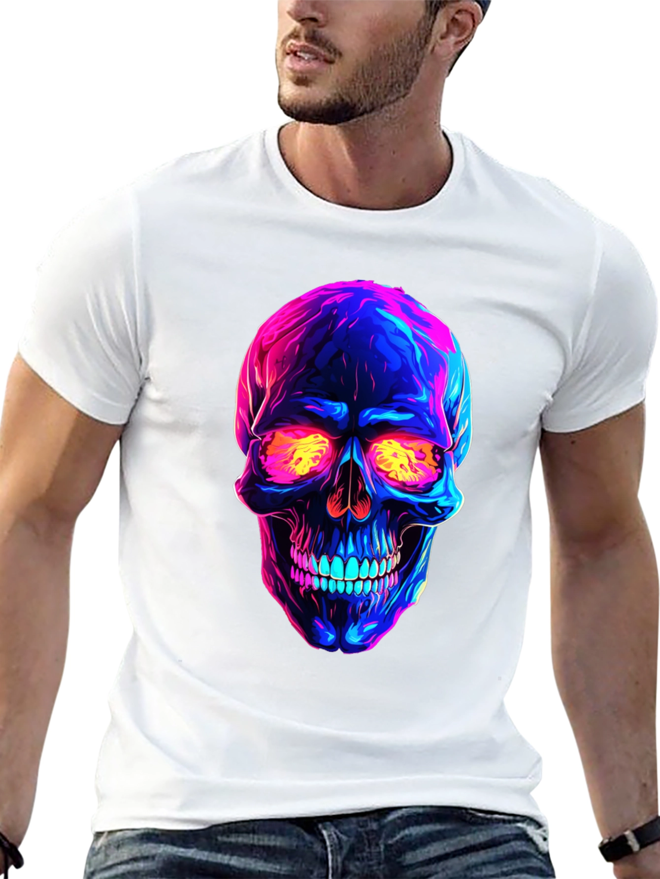 Camiseta negra con calavera neón
