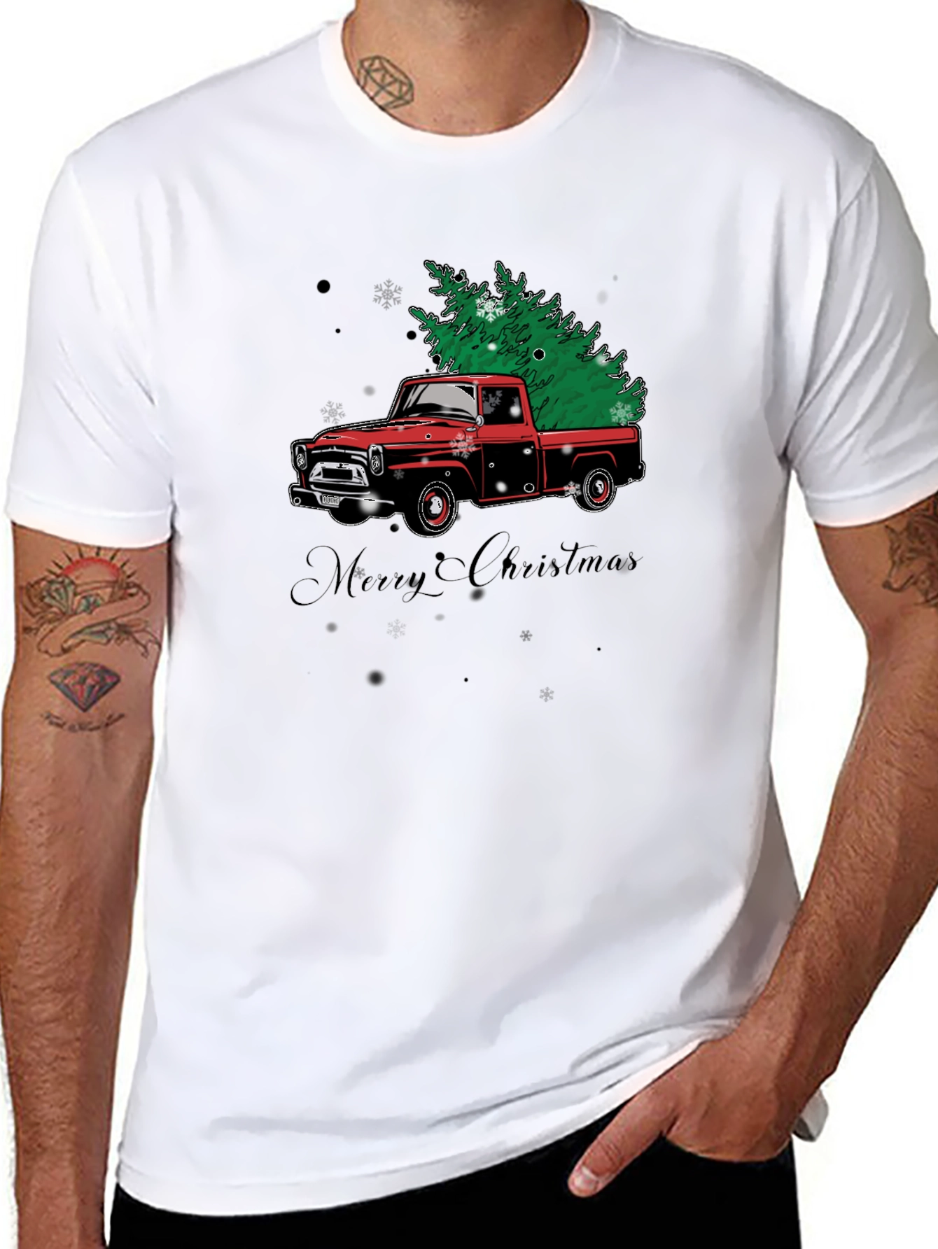 Camiseta Negra Navideña Camión Árbol