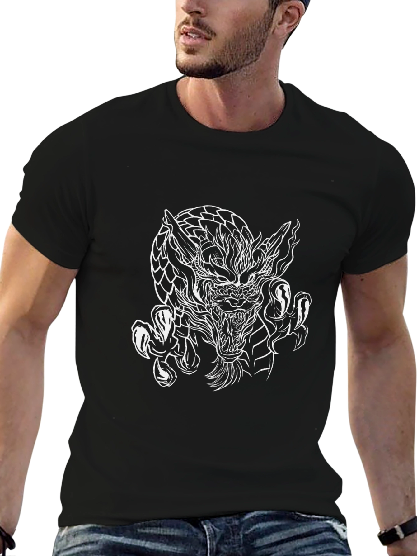 Camiseta Negra Dragón Blanco Estilo Tattoo