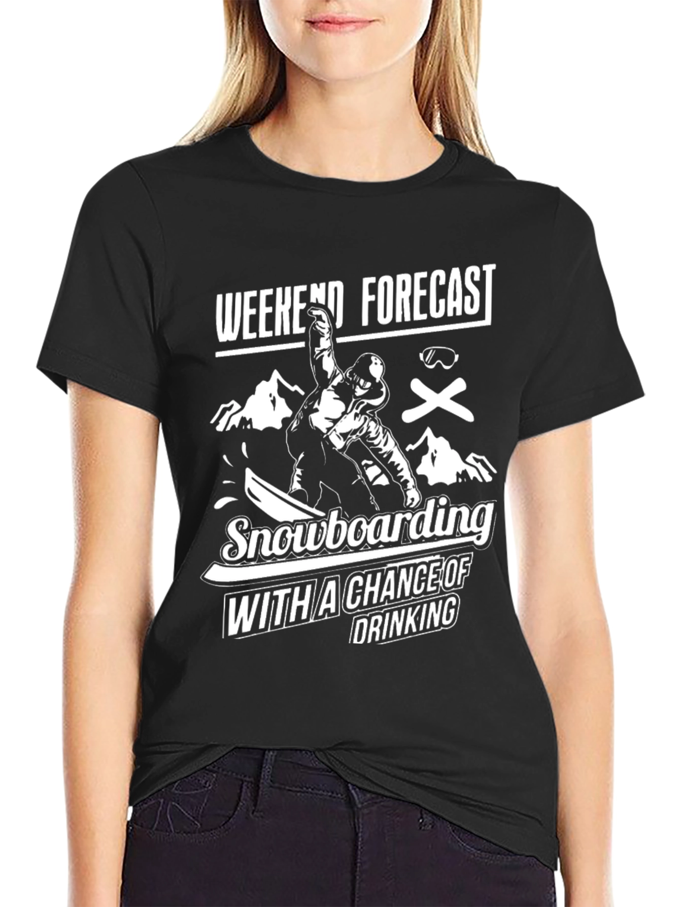 Camiseta Negra Divertida Snowboard y Bebida
