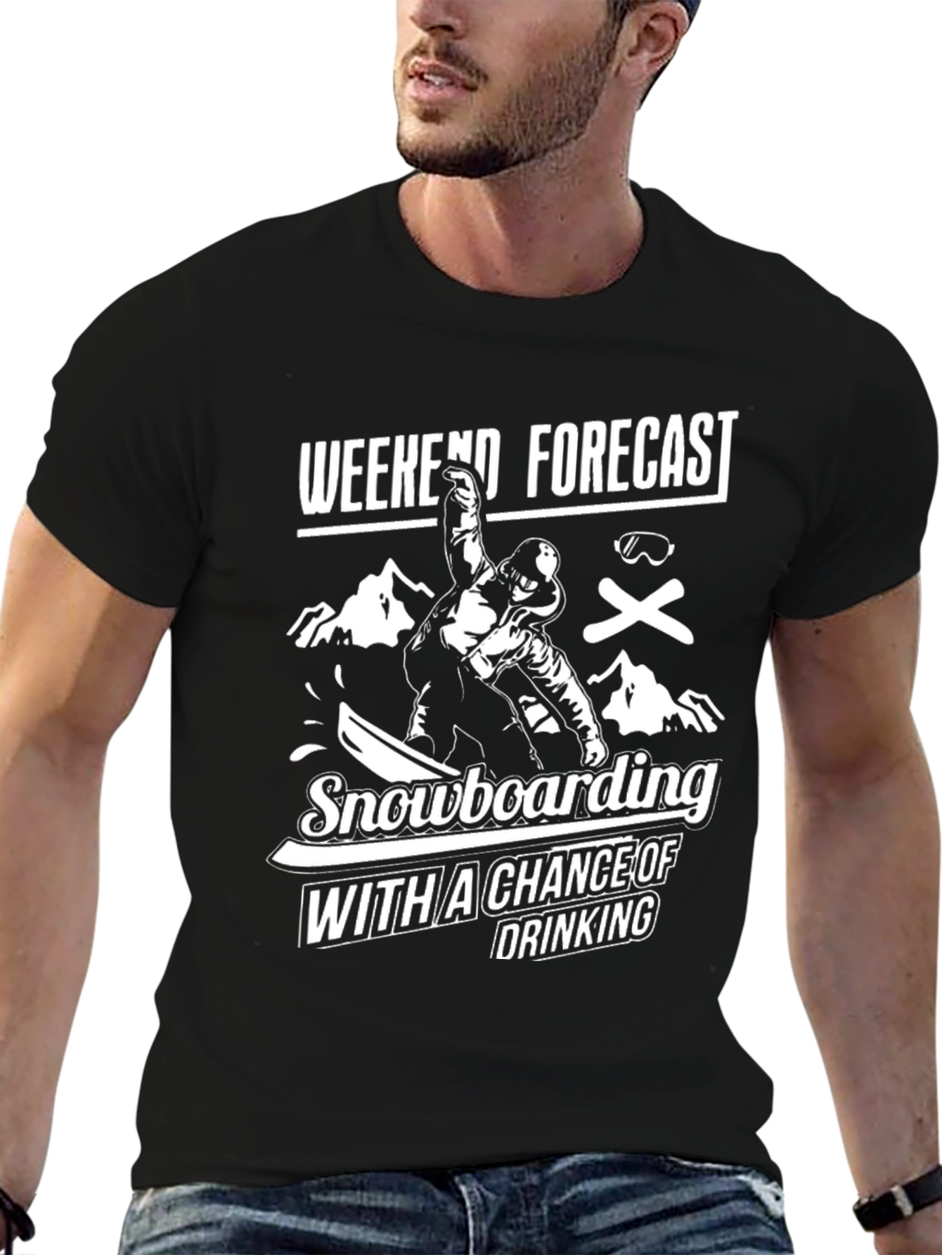 Camiseta Negra Divertida Snowboard y Bebida