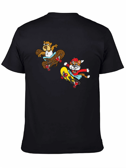 Camiseta Negra con Estampado de Personajes en Skate