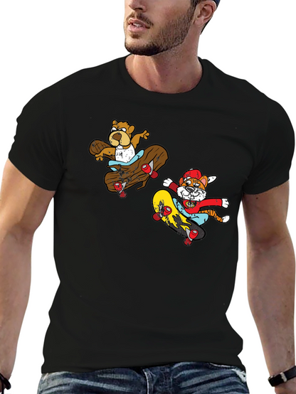 Camiseta Negra con Estampado de Personajes en Skate