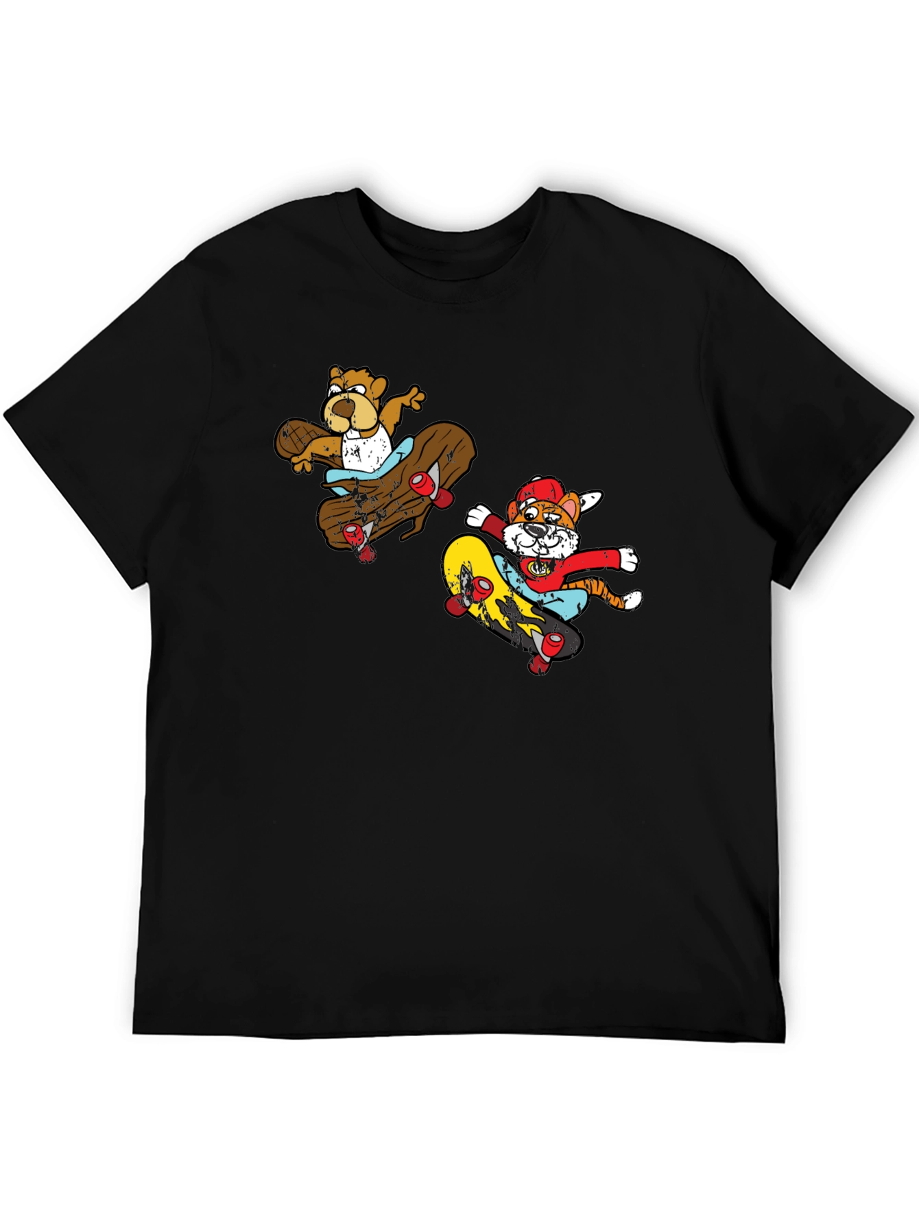 Camiseta Negra con Estampado de Personajes en Skate