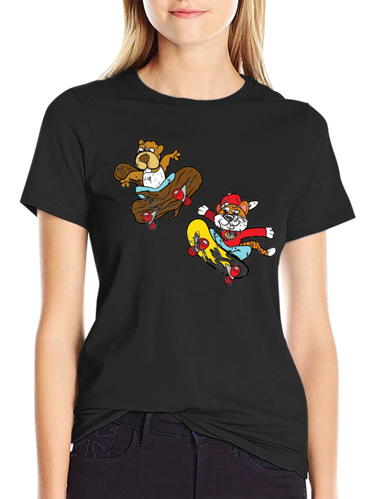 Camiseta Negra con Estampado de Personajes en Skate