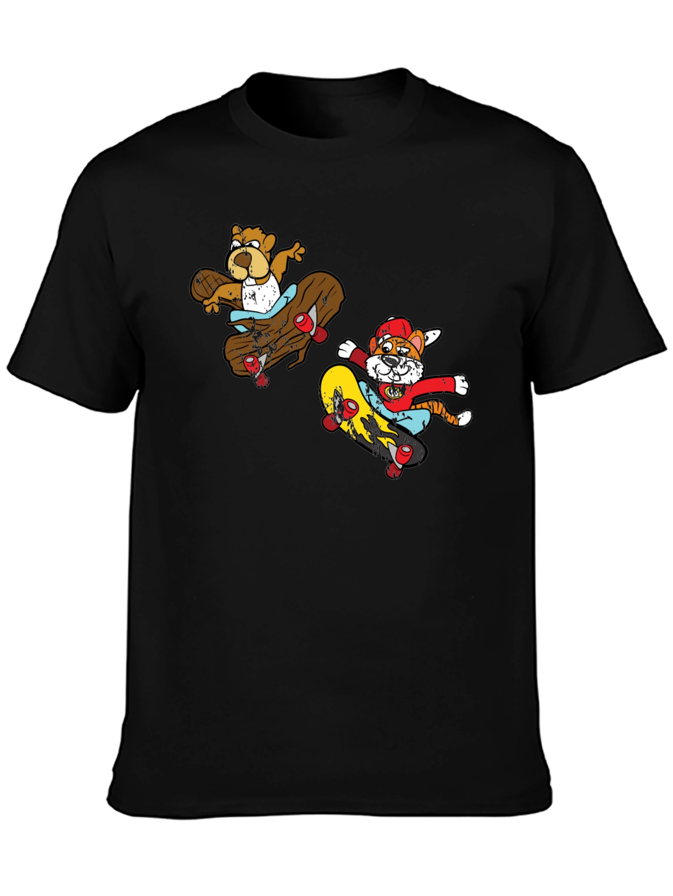 Camiseta Negra con Estampado de Personajes en Skate