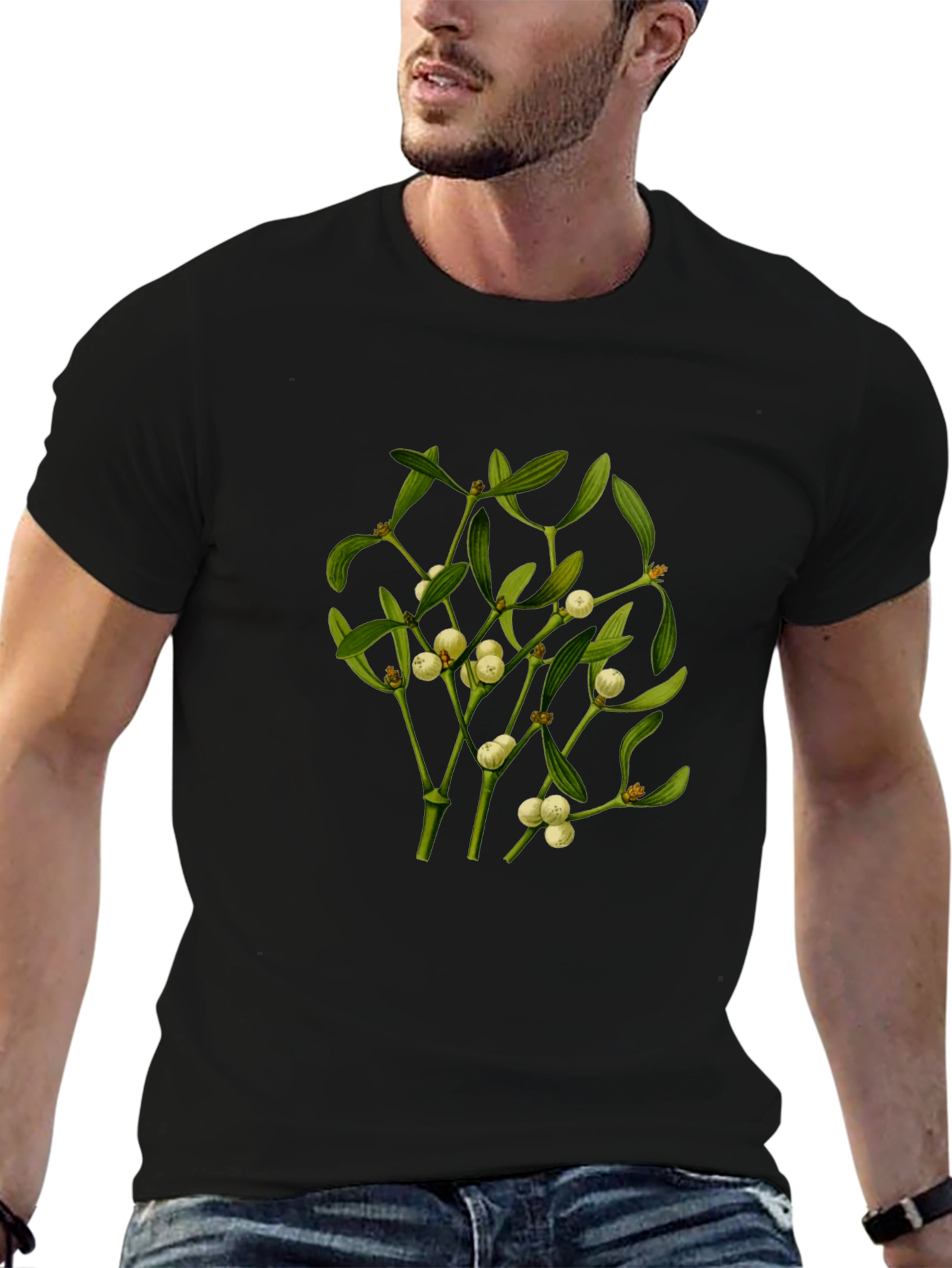 Camiseta Negra con Diseño de Muérdago