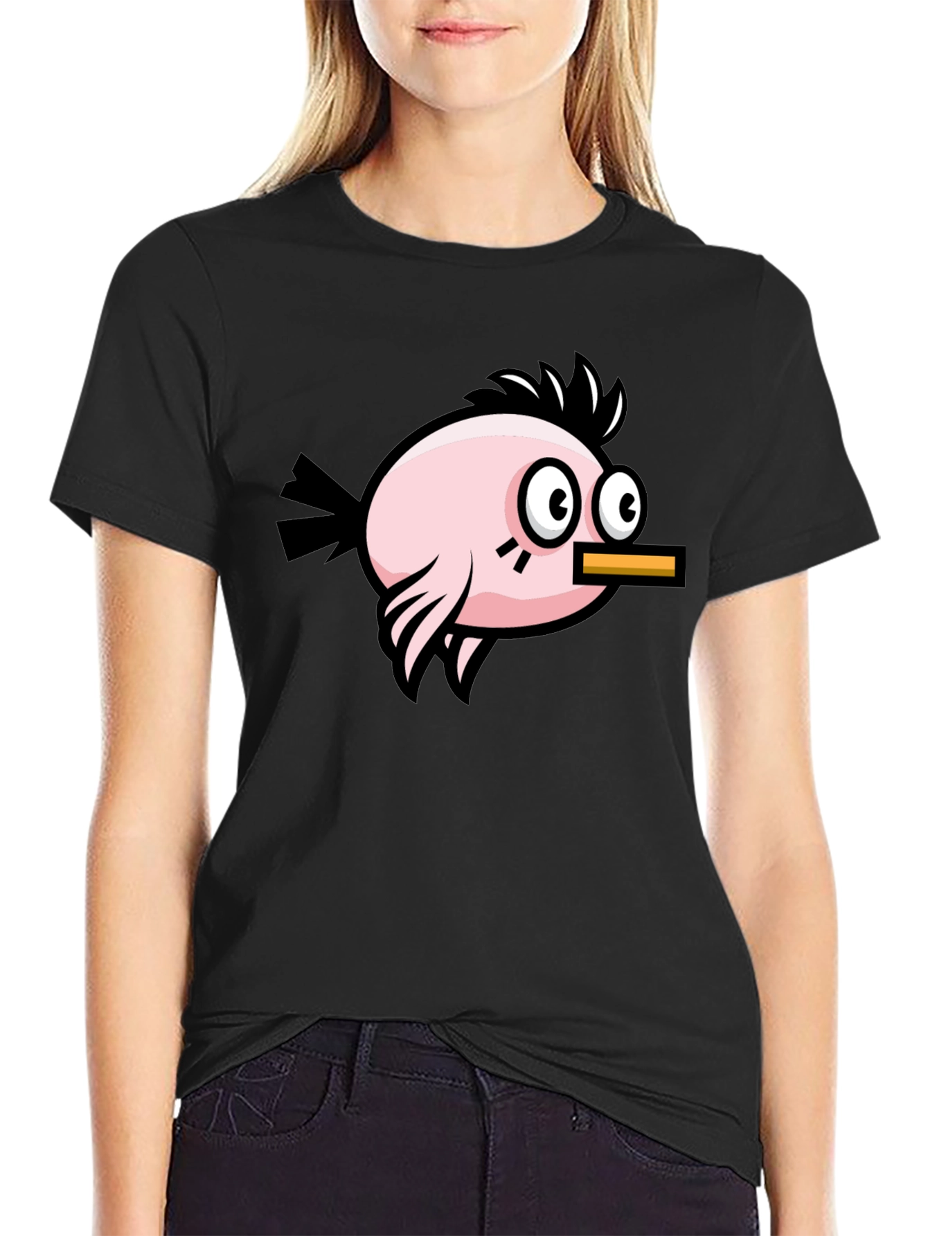 Camiseta Negra con Diseño de Pájaro Divertido