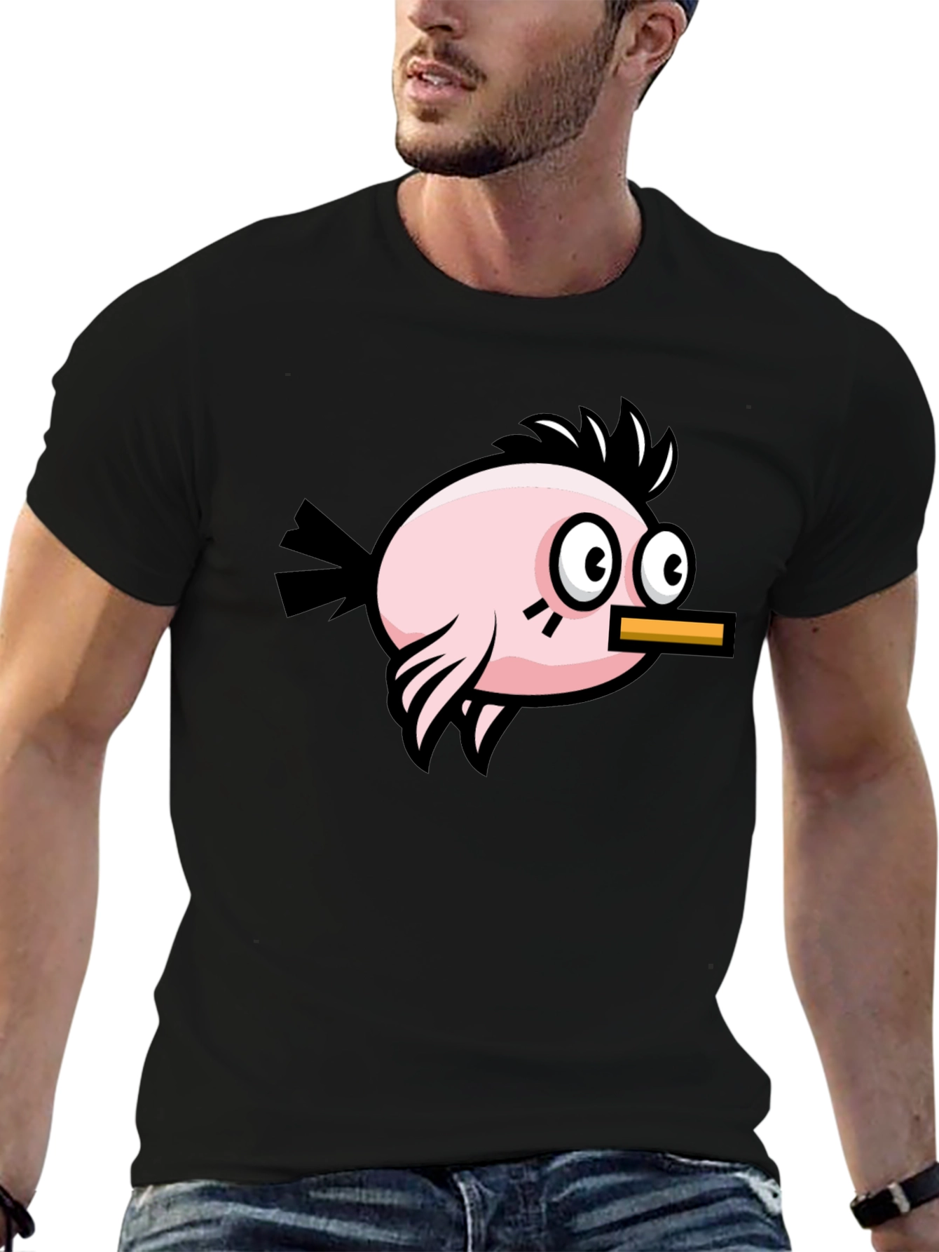 Camiseta Negra con Diseño de Pájaro Divertido