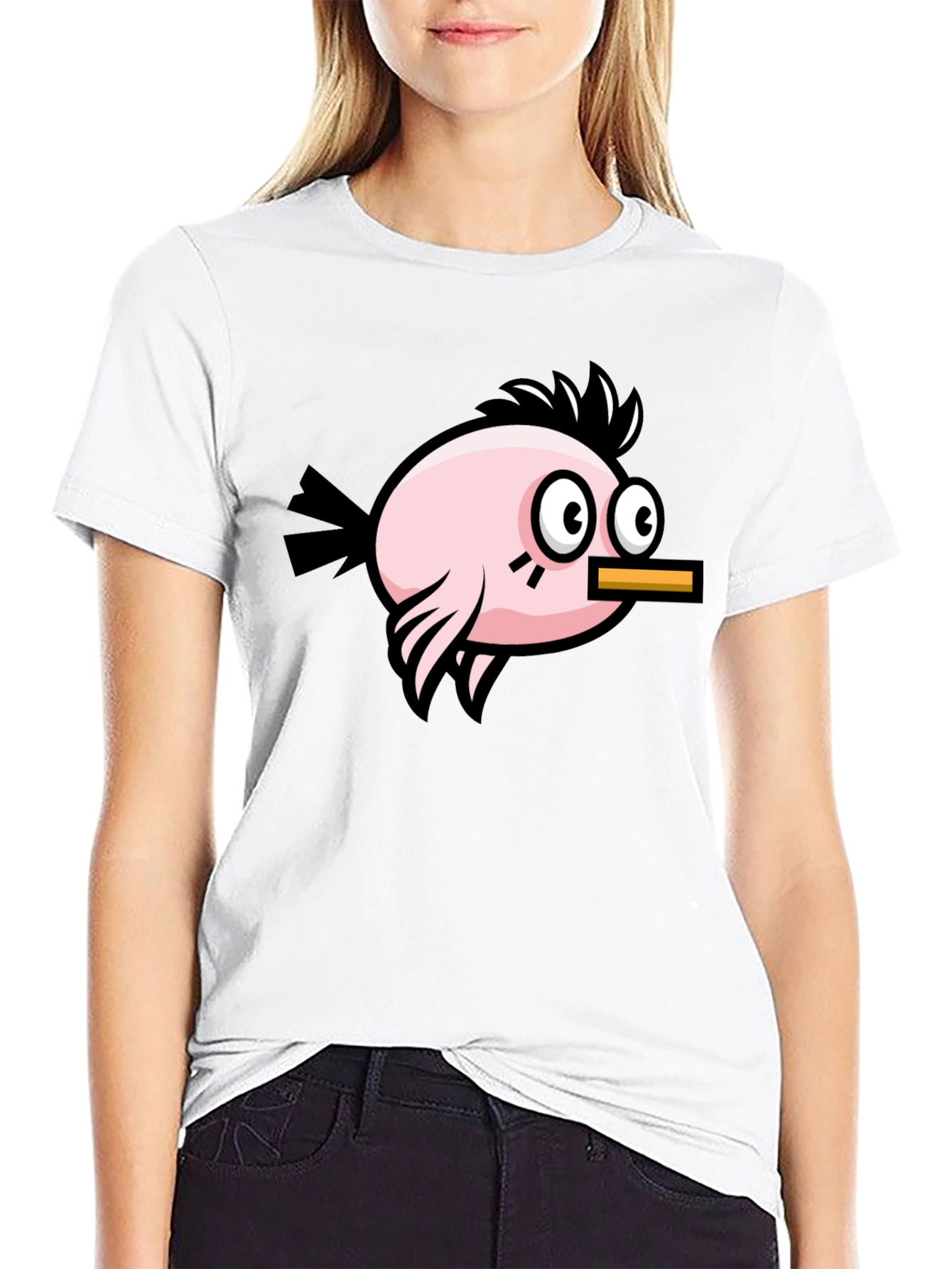 Camiseta Negra con Diseño de Pájaro Divertido