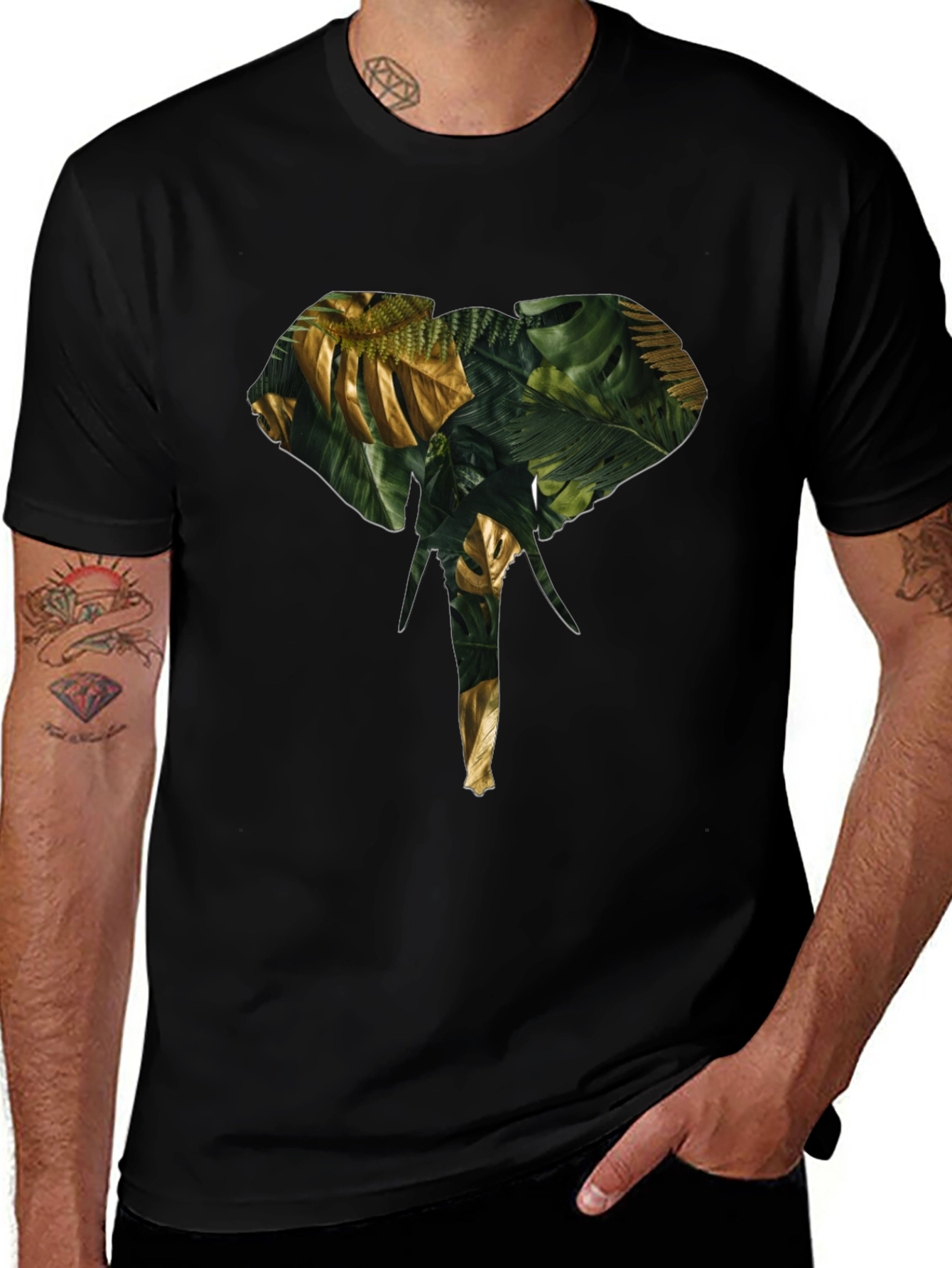 Camiseta Negra con Diseño de Elefante Tropical