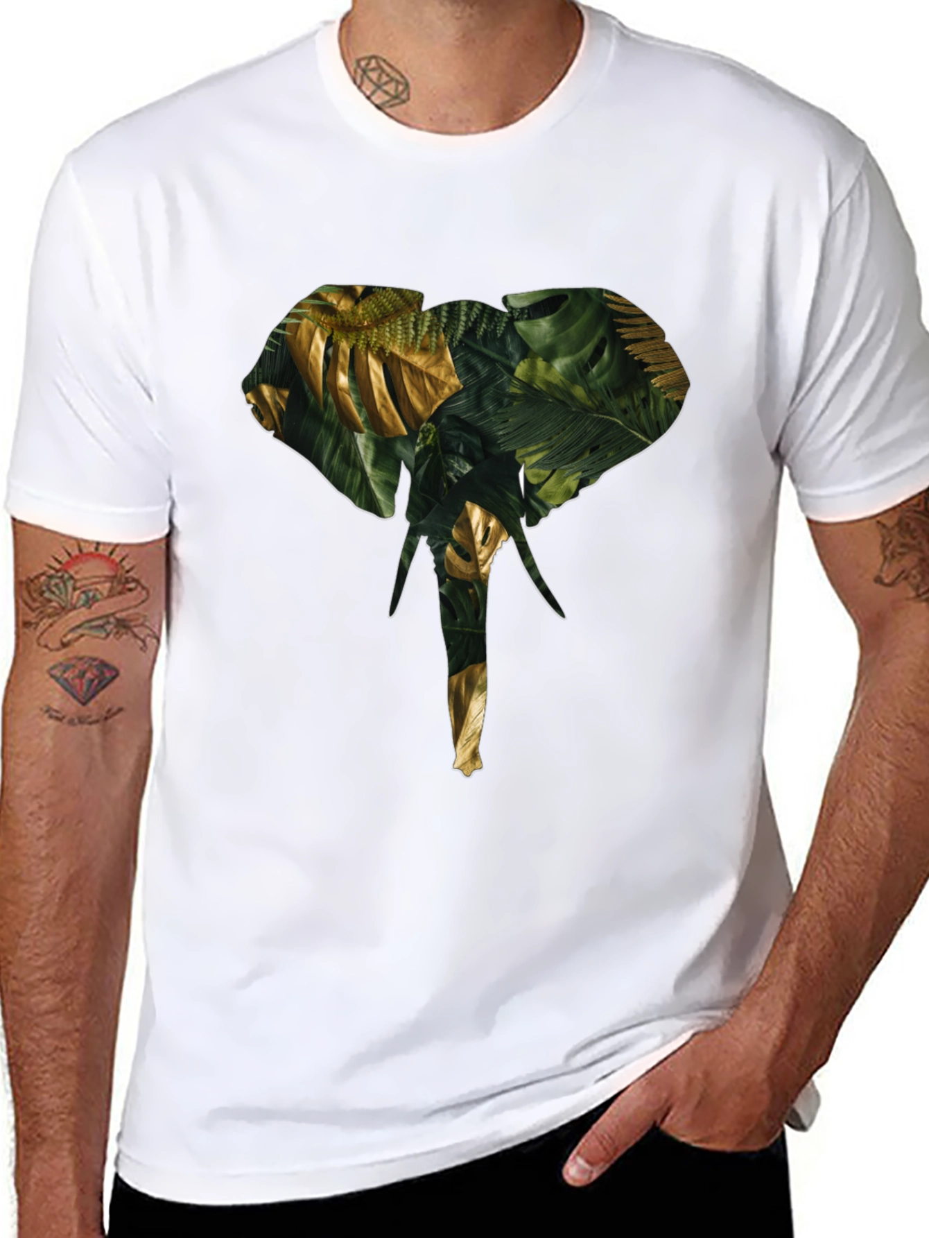 Camiseta Negra con Diseño de Elefante Tropical