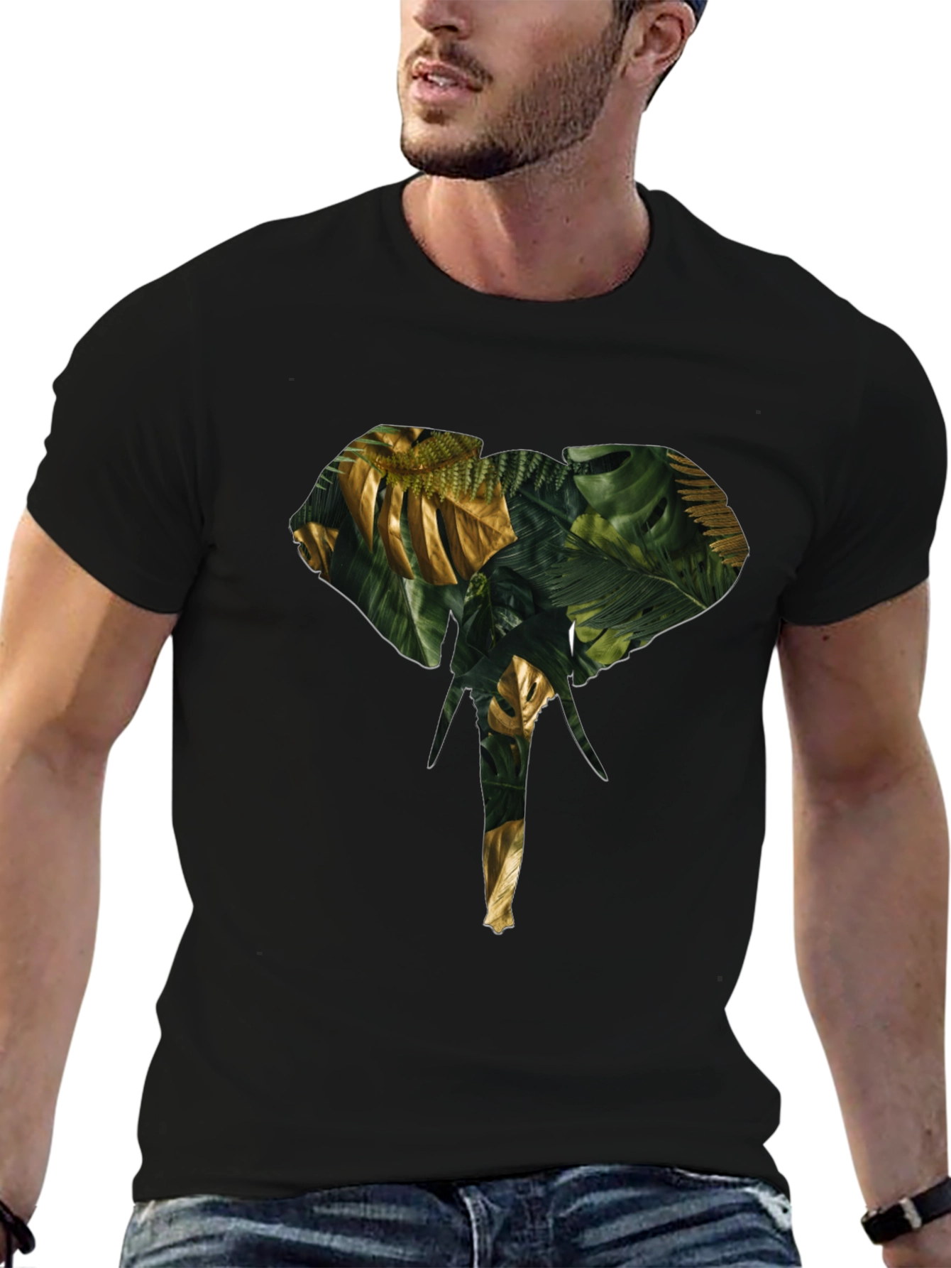 Camiseta Negra con Diseño de Elefante Tropical