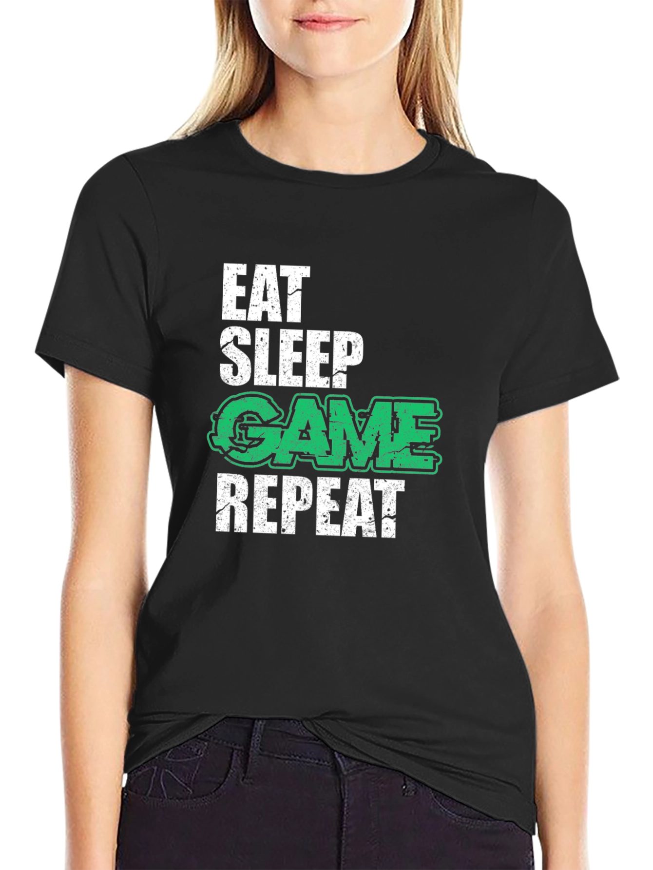 Camiseta Negra Gamer: Eat Sleep Game Repeat