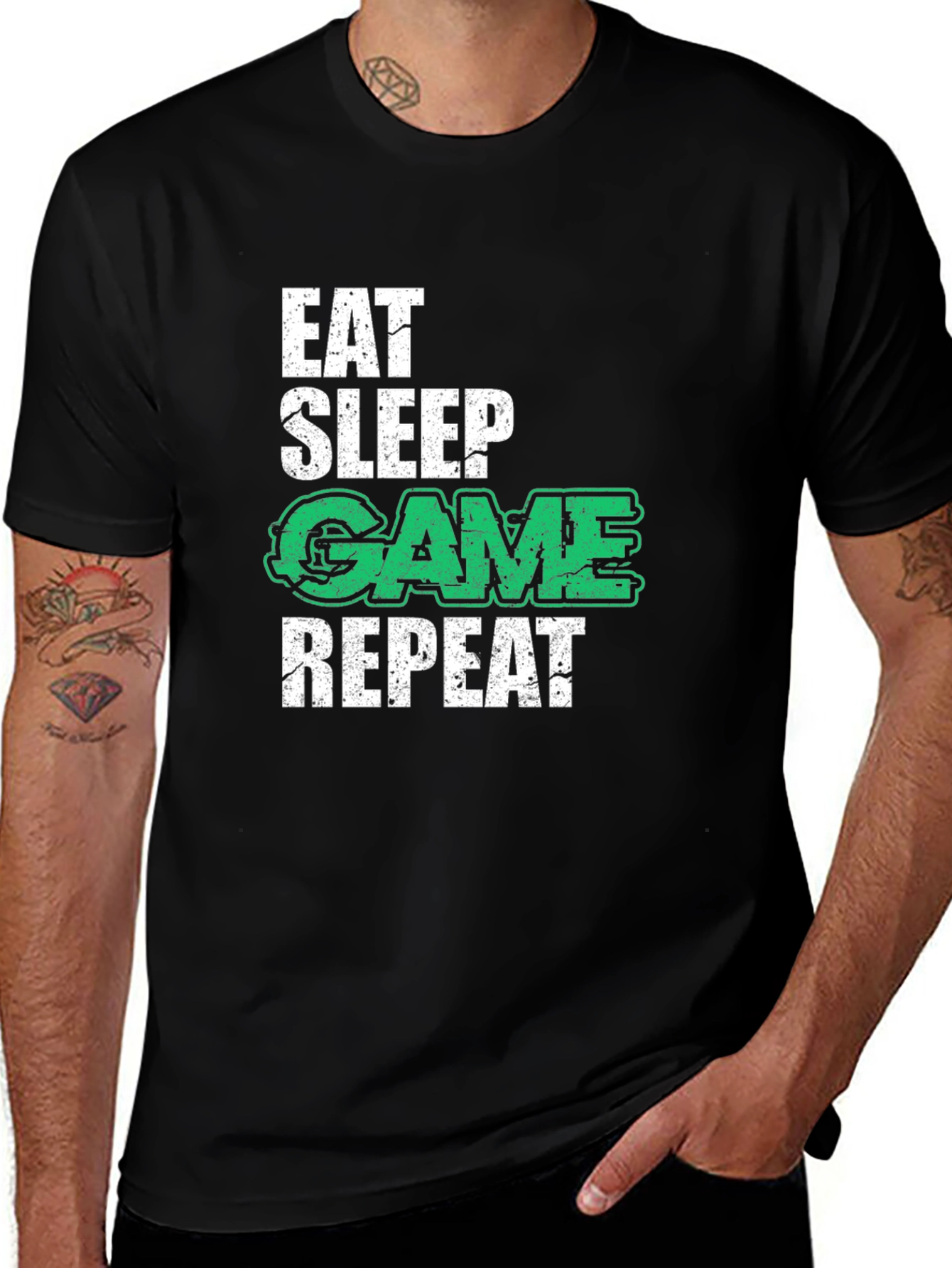 Camiseta Negra Gamer: Eat Sleep Game Repeat