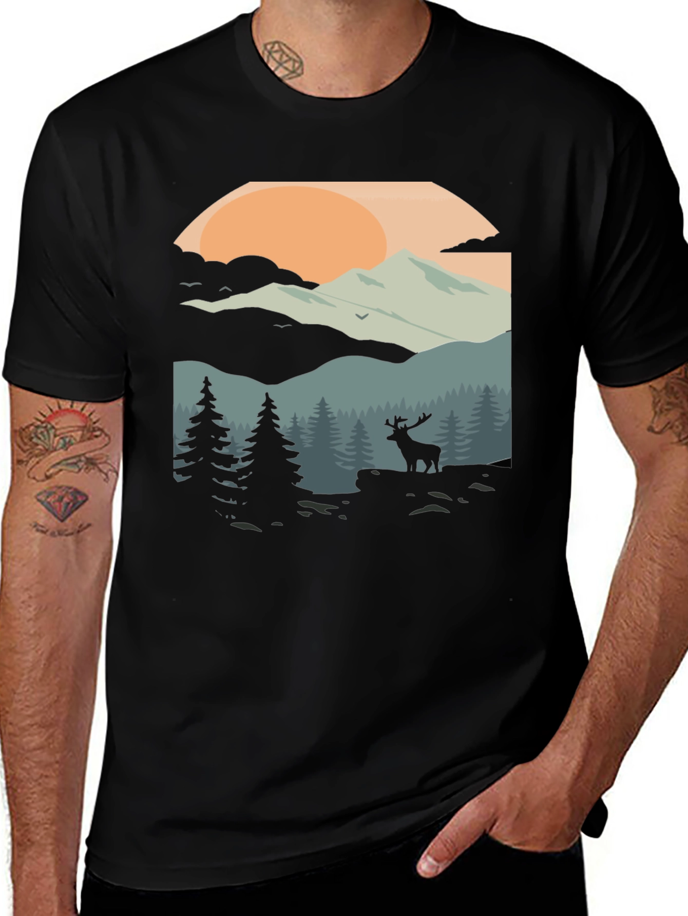 Camiseta Negra con Diseño de Paisaje Montañoso