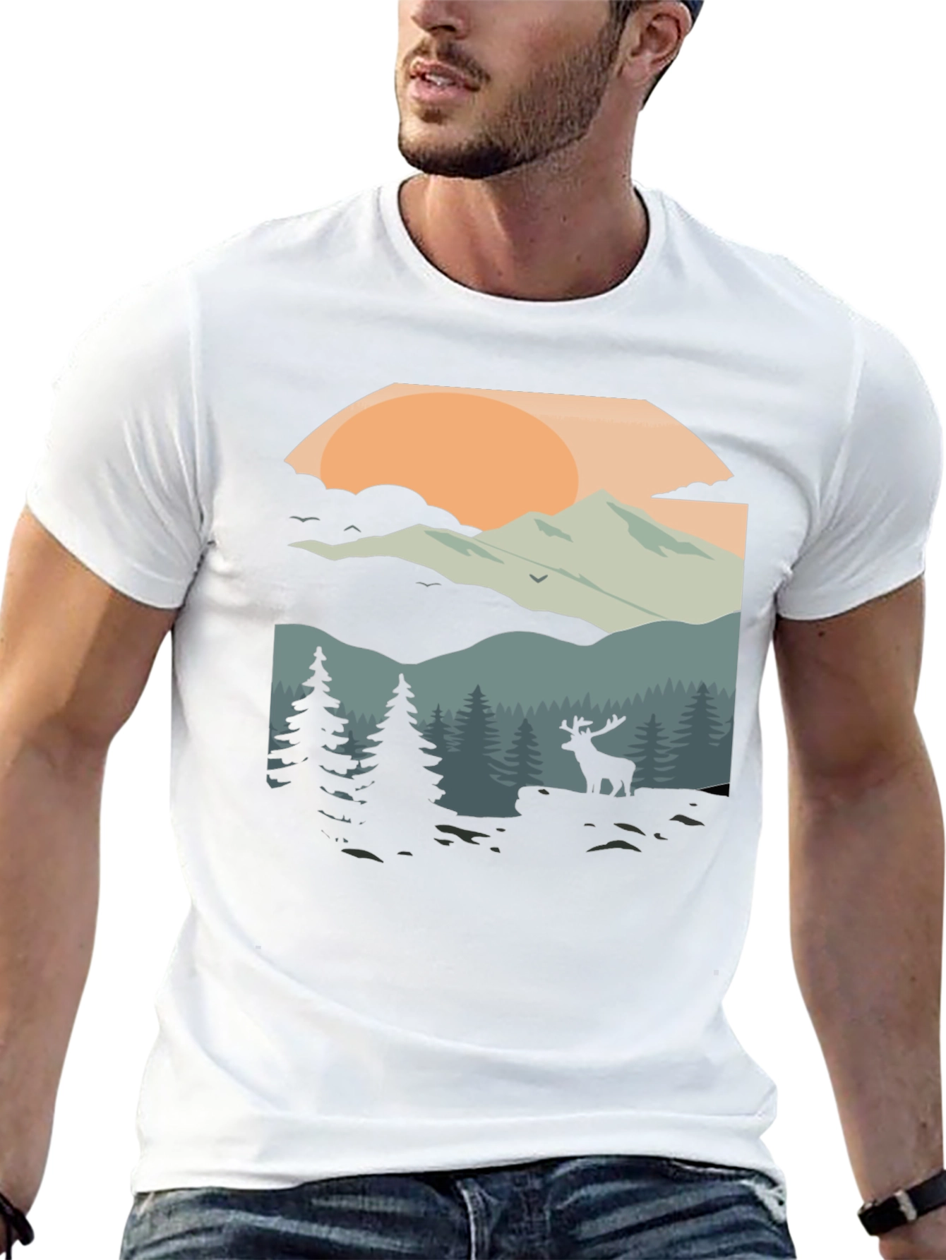 Camiseta Negra con Diseño de Paisaje Montañoso