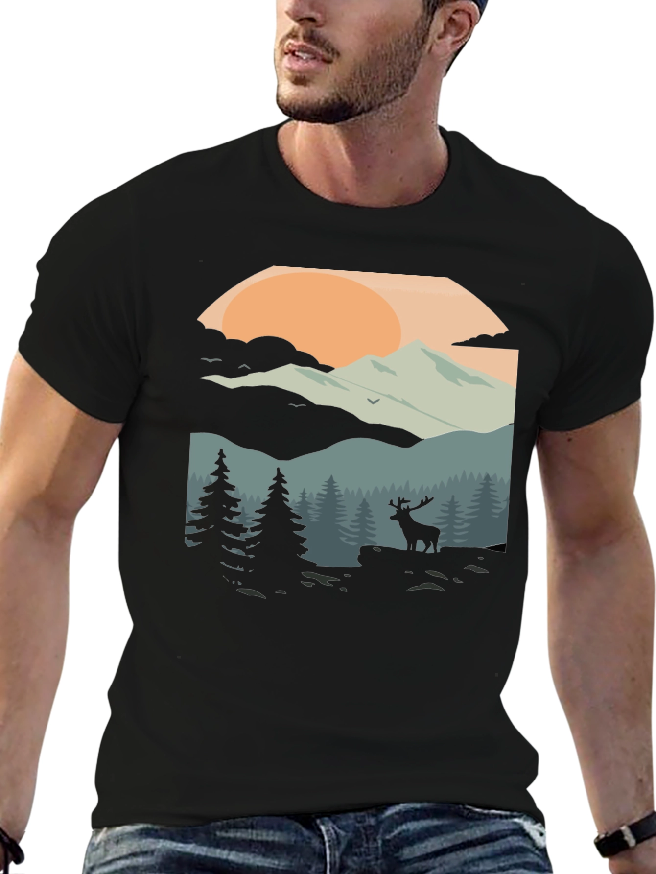 Camiseta Negra con Diseño de Paisaje Montañoso