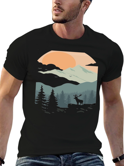 Camiseta Negra con Diseño de Paisaje Montañoso