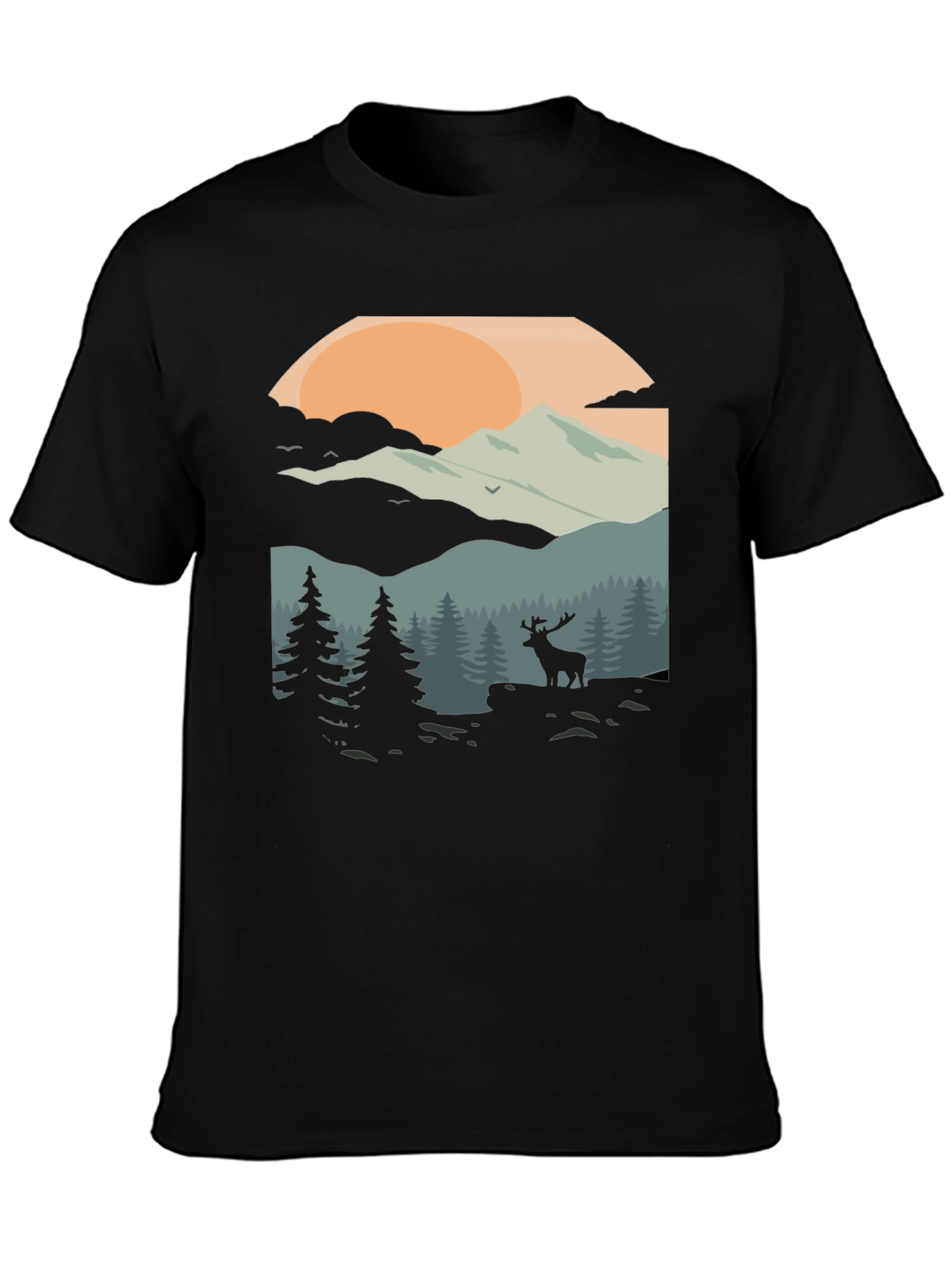 Camiseta Negra con Diseño de Paisaje Montañoso