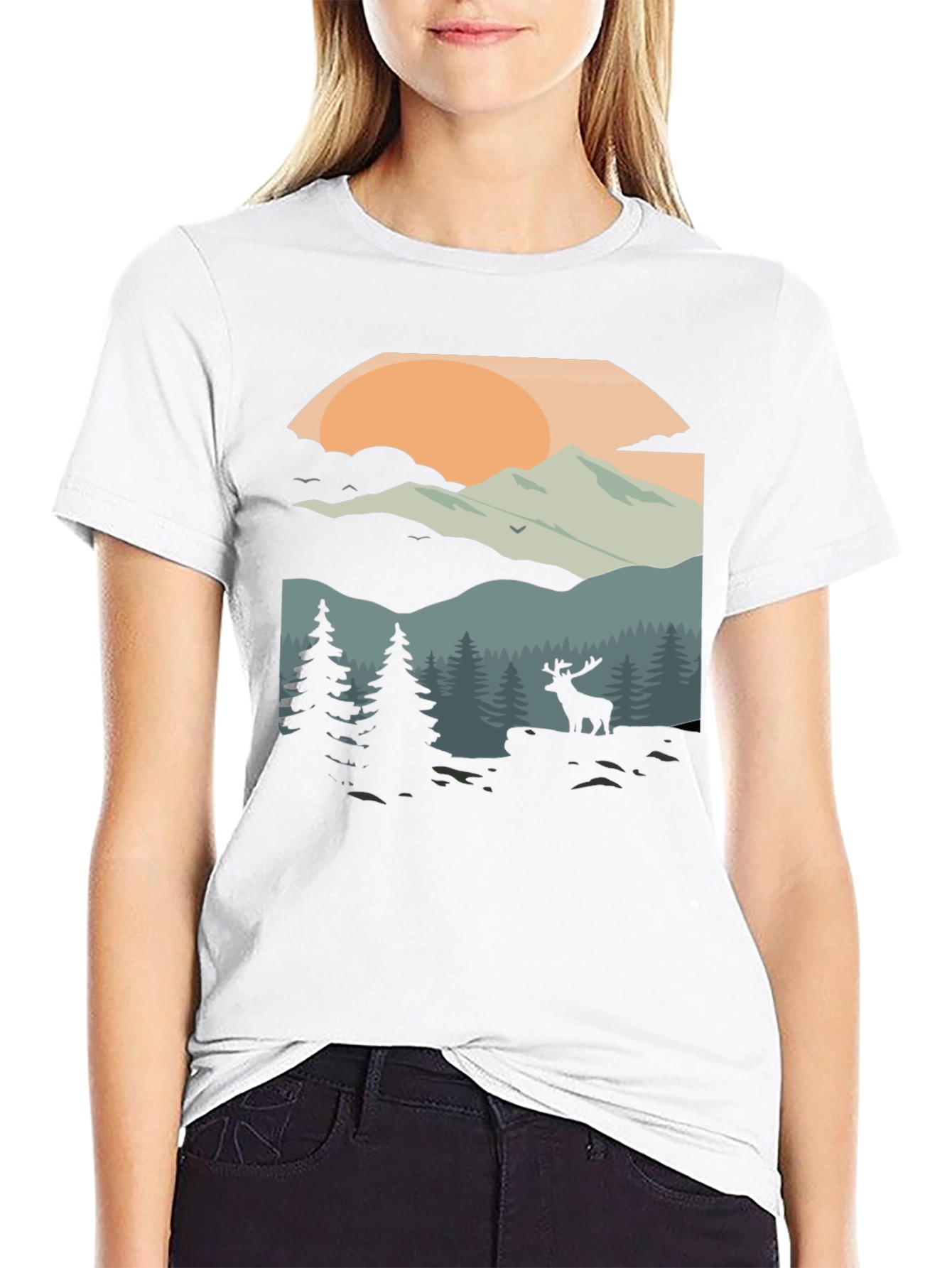 Camiseta Negra con Diseño de Paisaje Montañoso