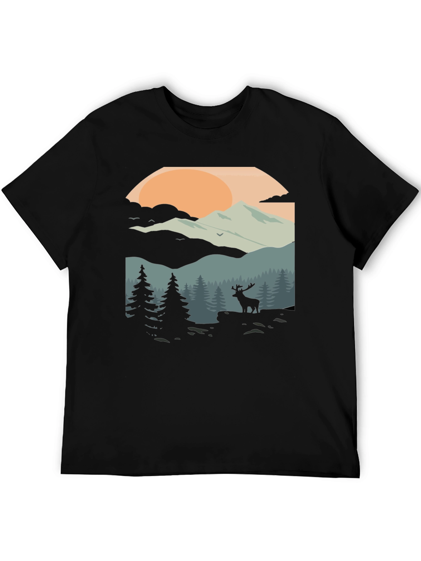 Camiseta Negra con Diseño de Paisaje Montañoso