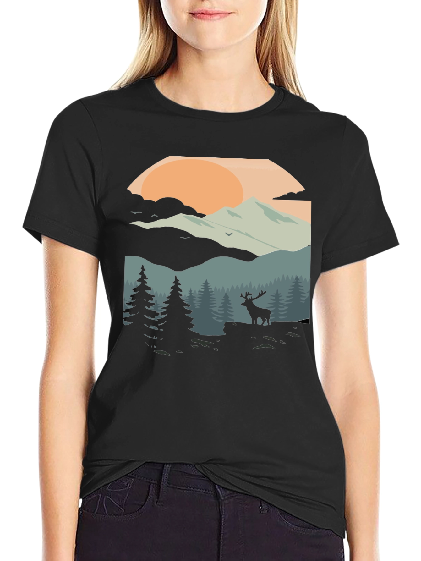 Camiseta Negra con Diseño de Paisaje Montañoso
