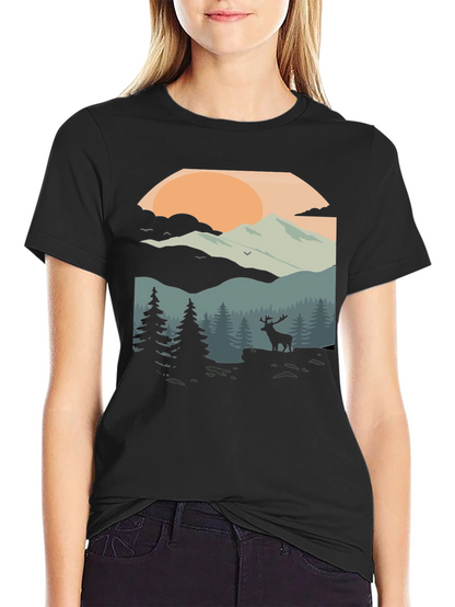 Camiseta Negra con Diseño de Paisaje Montañoso