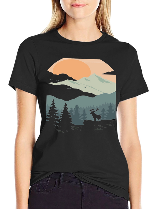 Camiseta Negra con Diseño de Paisaje Montañoso