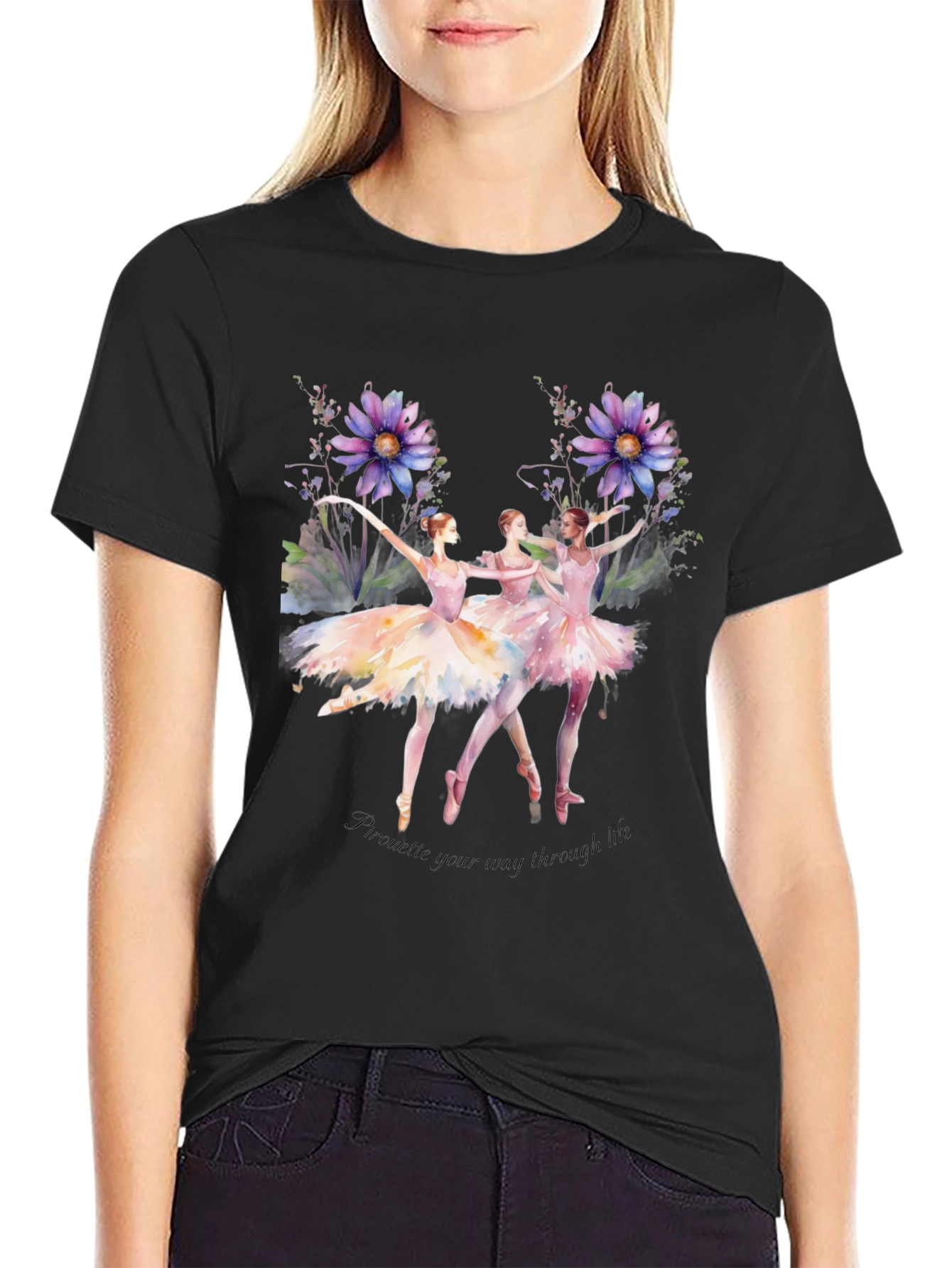 Camiseta Negra con Diseño de Bailarinas Acuarela
