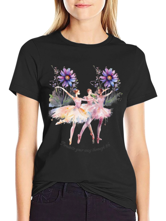Camiseta Negra con Diseño de Bailarinas Acuarela