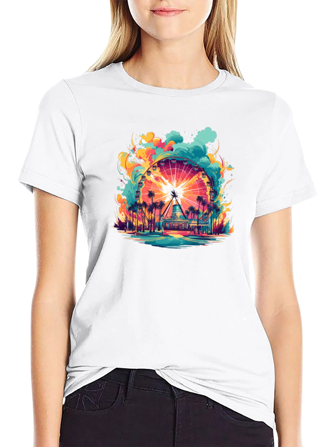 Camiseta Negra con Diseño de Noria Tropical