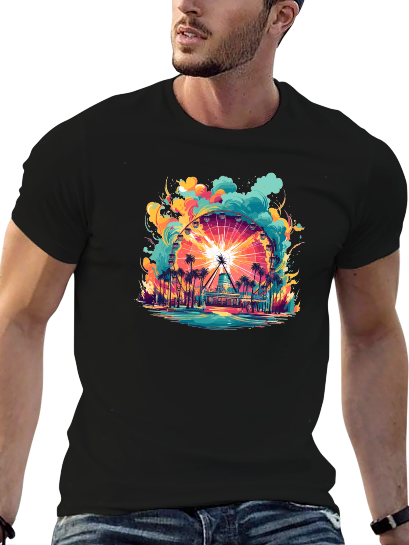 Camiseta Negra con Diseño de Noria Tropical