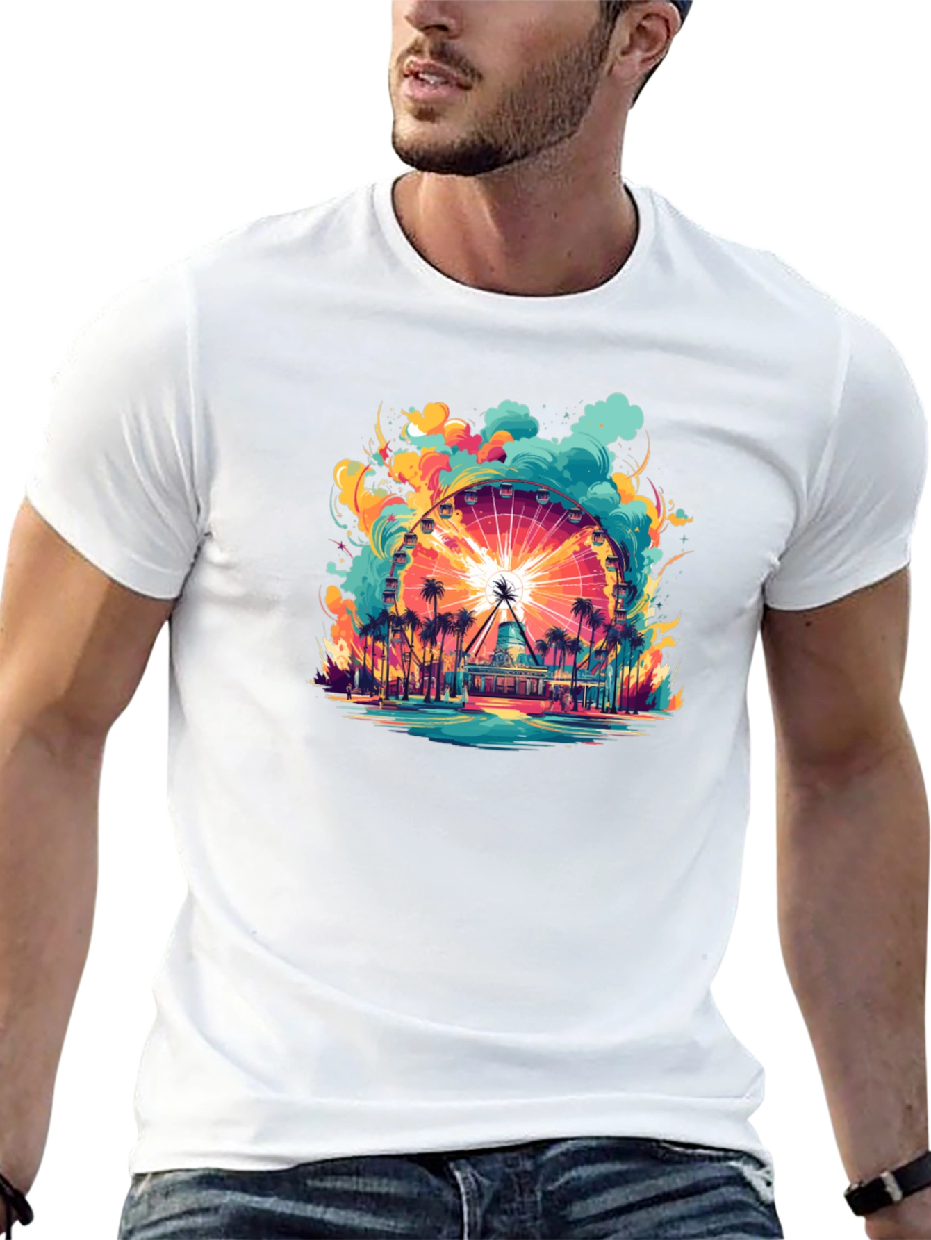Camiseta Negra con Diseño de Noria Tropical