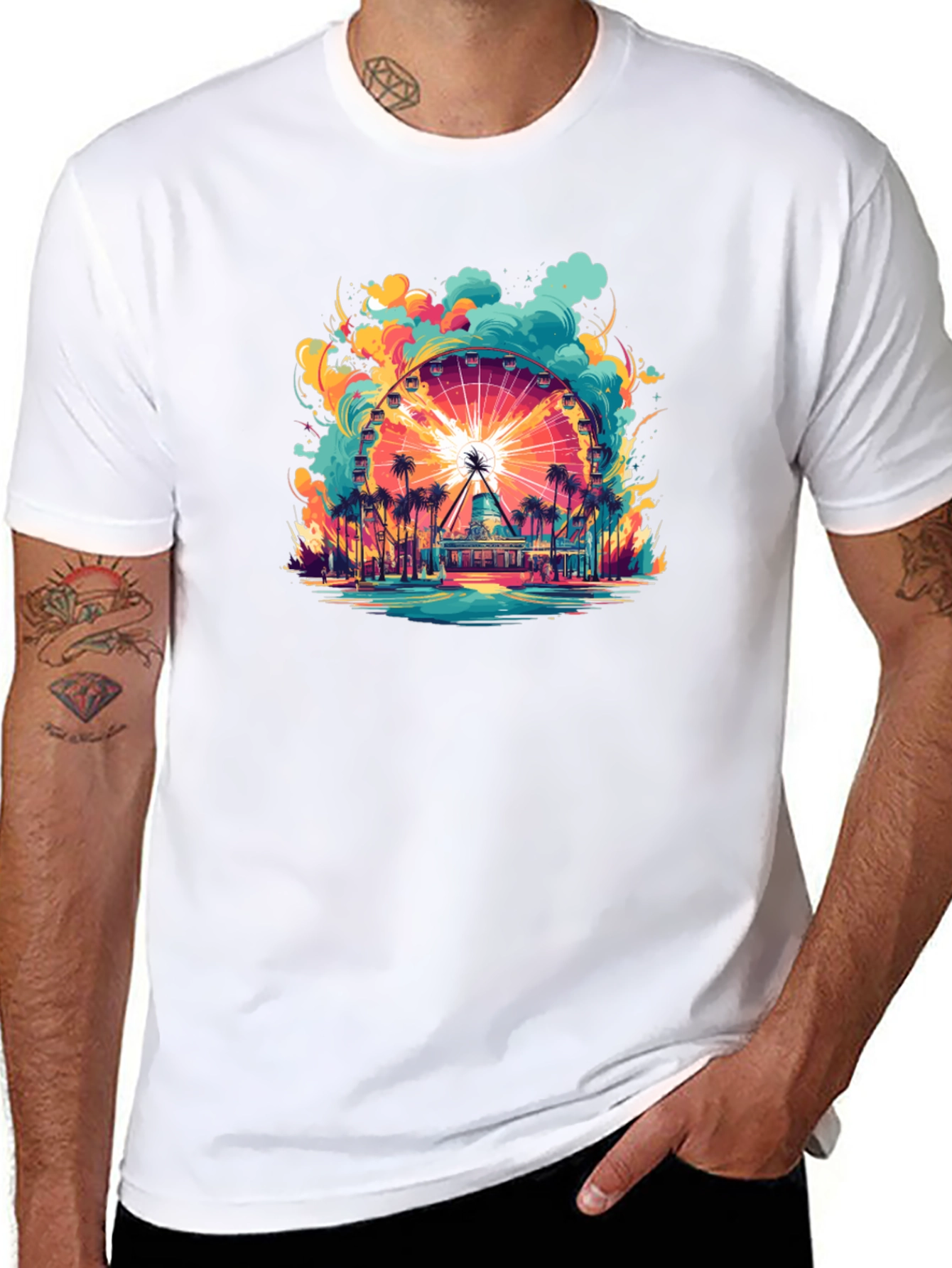 Camiseta Negra con Diseño de Noria Tropical