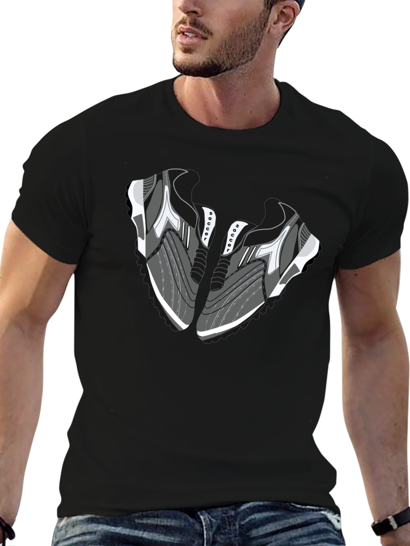 Camiseta Negra con Diseño de Zapatillas de Fútbol